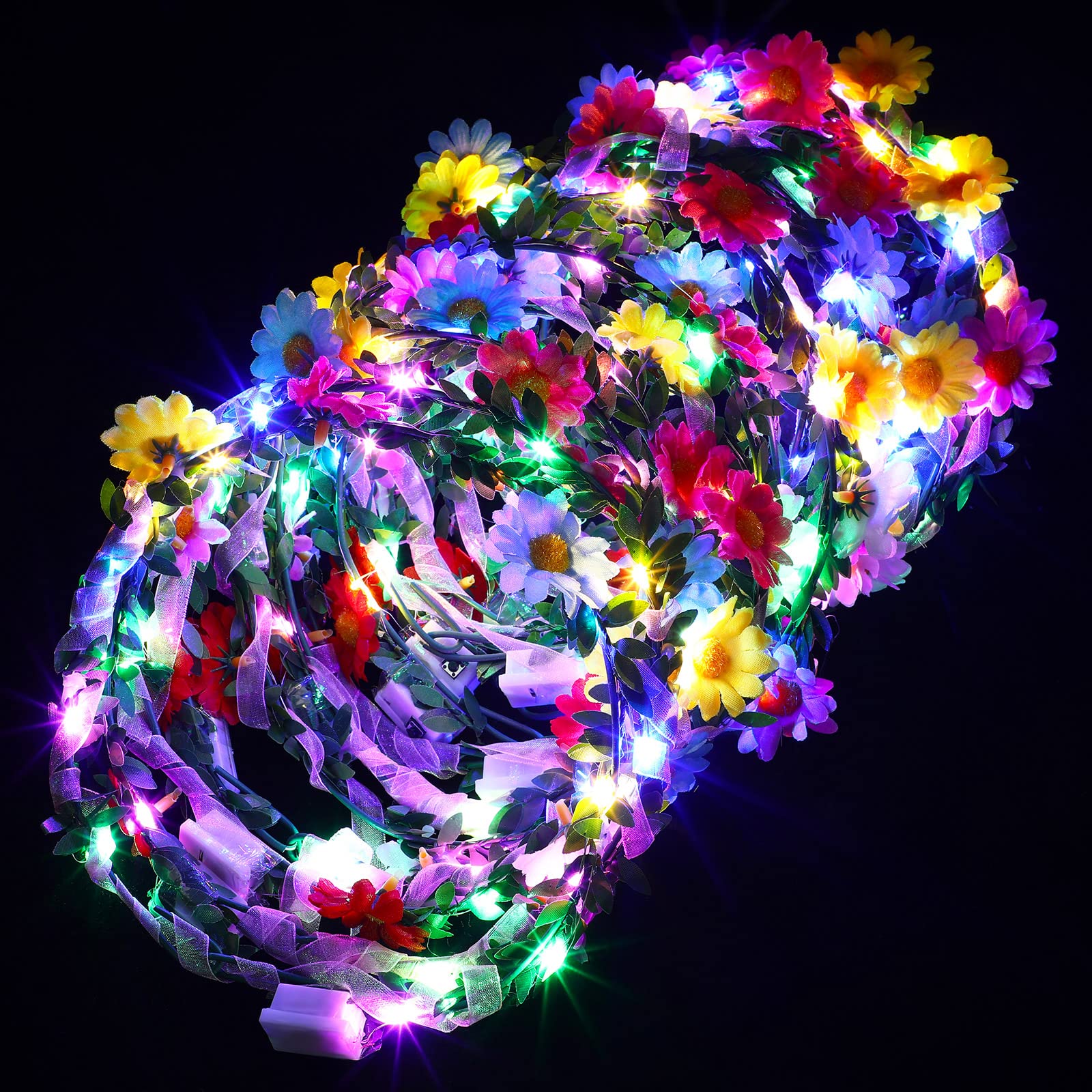 40 Pcs LED Flower Headband, Light up Flower Crown Garland Flower Headdress Floral Headpiece for Women Hair Accessories Birthday 