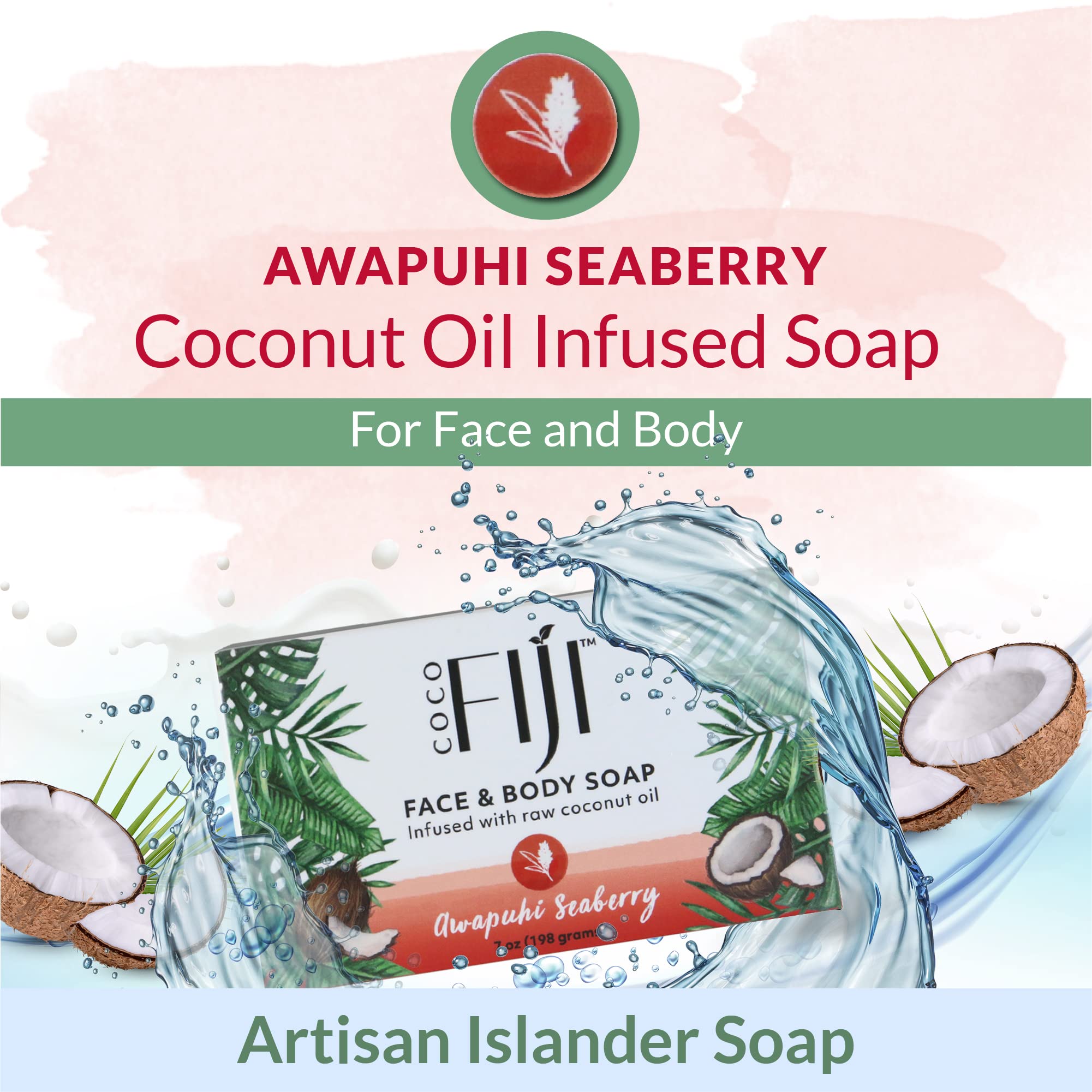 'Coco Fiji Soap Bar For Face And Body Infused With Organic Coconut Oil, Awapuhi Seaberry, Essential Oil, Natural Soap For Moist