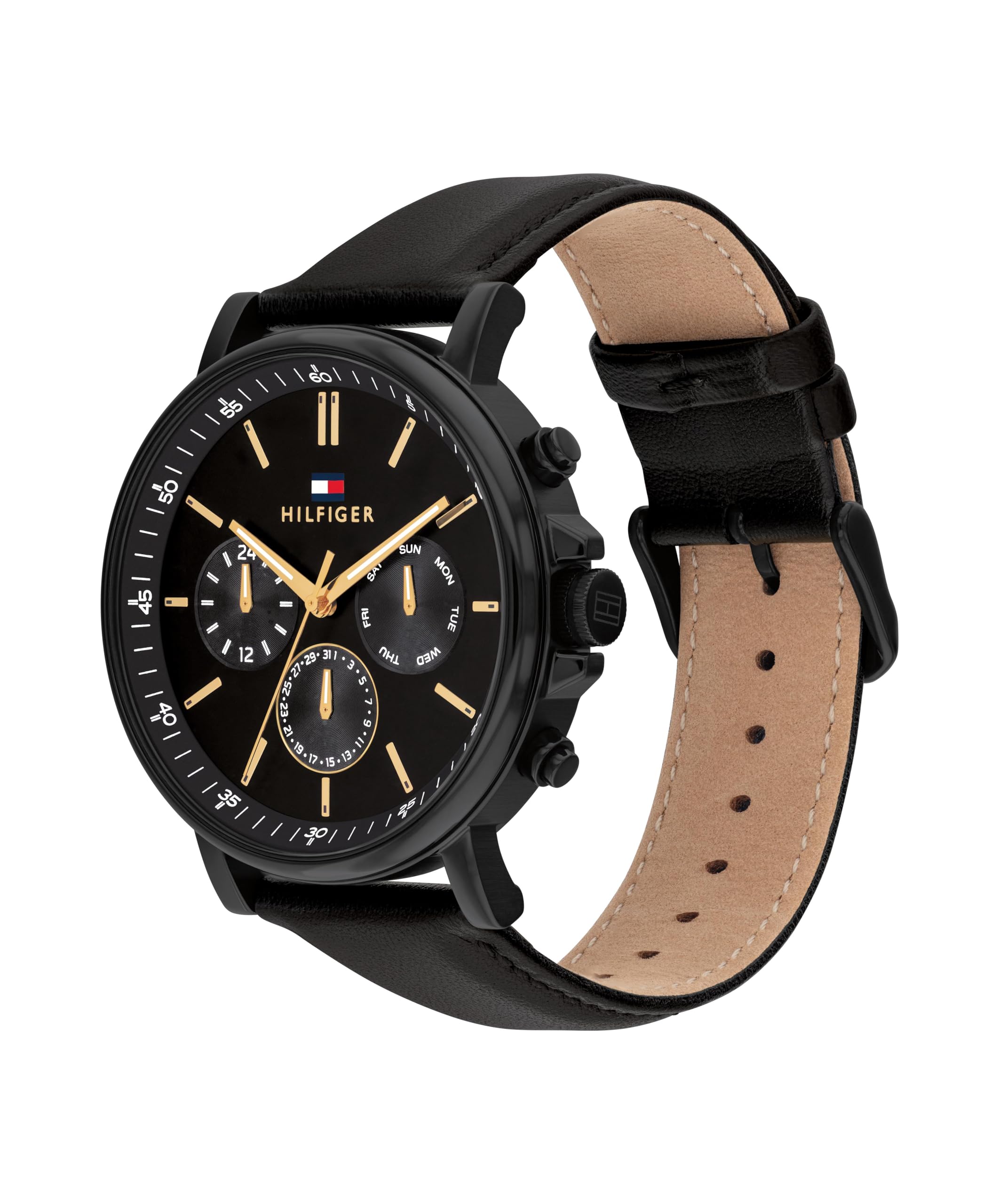 Tommy Hilfiger MenS Multifuction Stainless Steel & Black Leather Strap Analog Watch