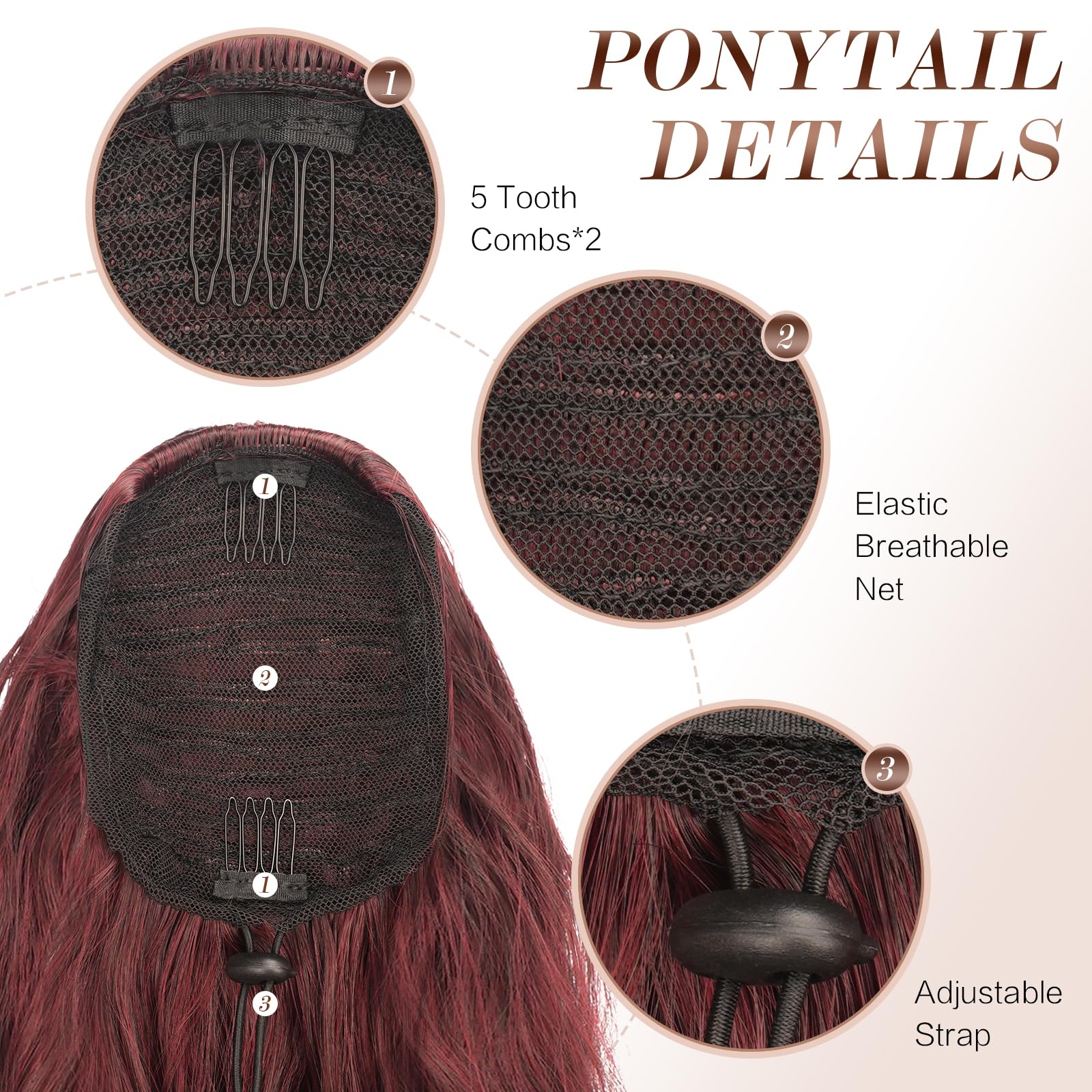 Feshfen Ponytail Extensions - 26 Inch Drawstring Long Curly Wavy Clip In Ponytails Synthetic Hair Piece Pony Tail Hairpieces For