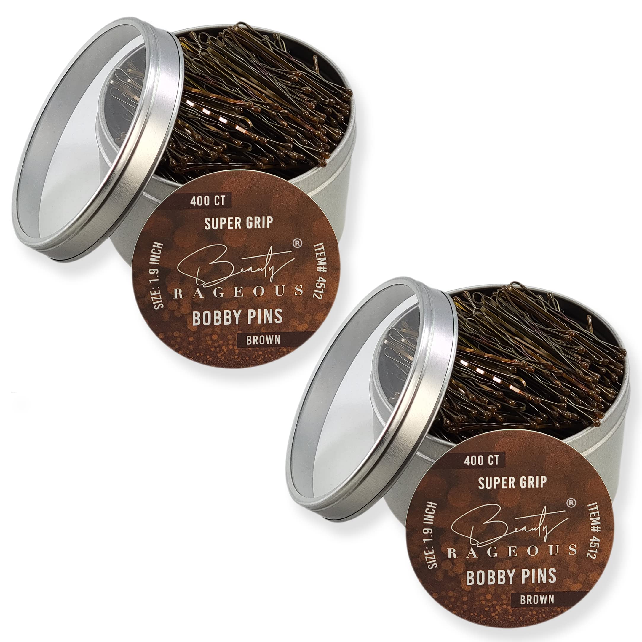 Super Grip Brown Bobby Pins - 400 Ct Approx - Handy Reusable Tin (2 Pack)