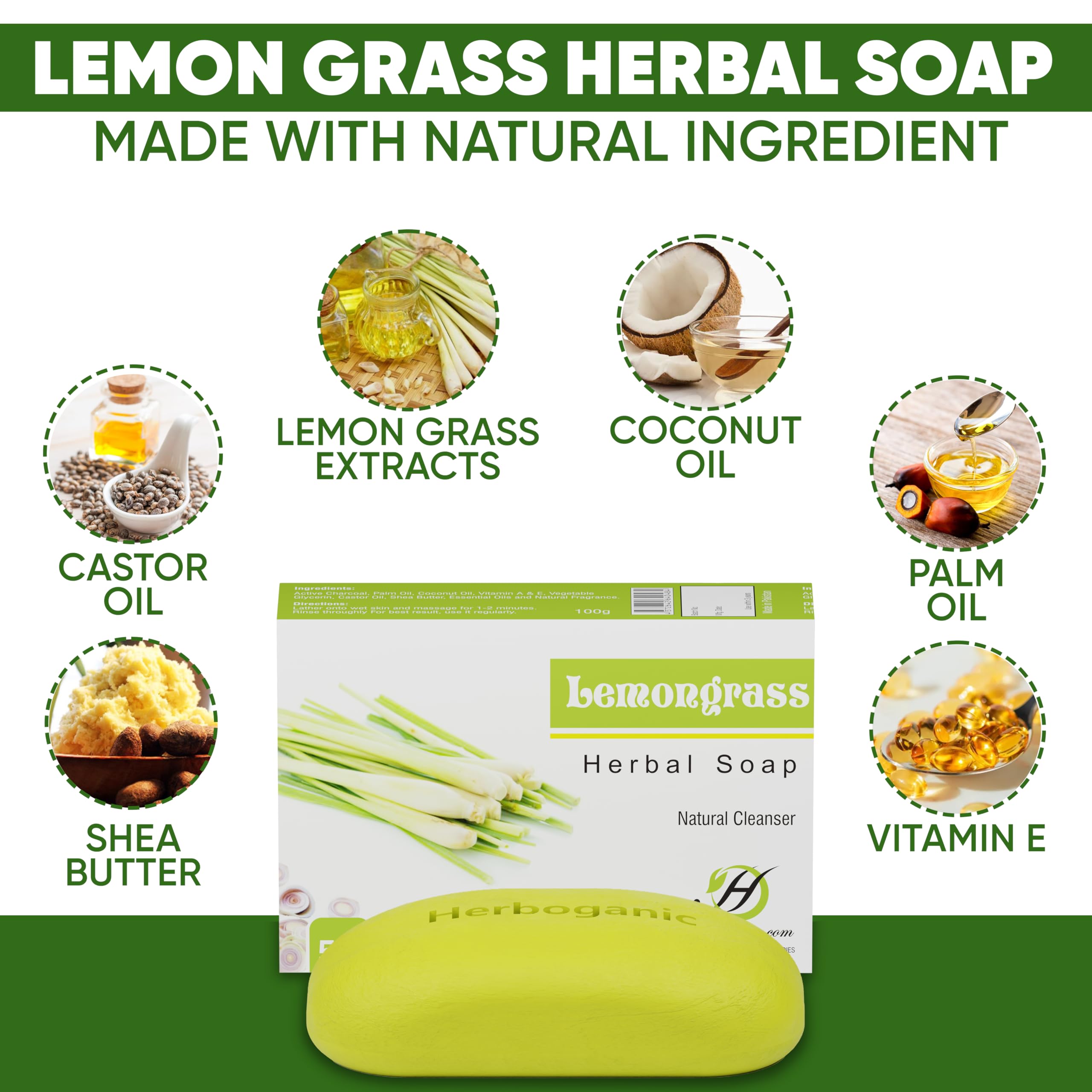 HERBOGANIC Lemongrass Herbal Soap | Pack of 3 of 5oz soap Bar | Natural Bar Soap for Face and Body | Hydrating and Nourishing |