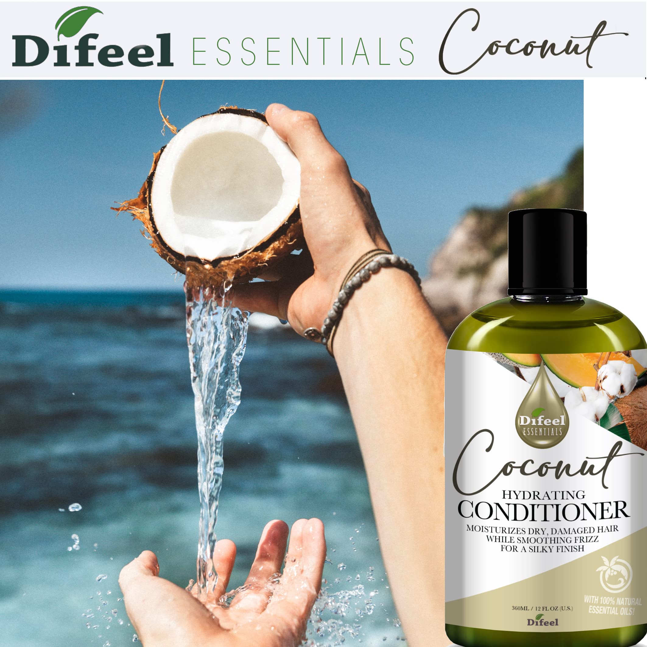 Difeel Essentials Hydrating Coconut Conditioner 12 oz. - Moisturizing Nourishing Coconut Conditioner for Dry, Frizzy Hair, Sulfa