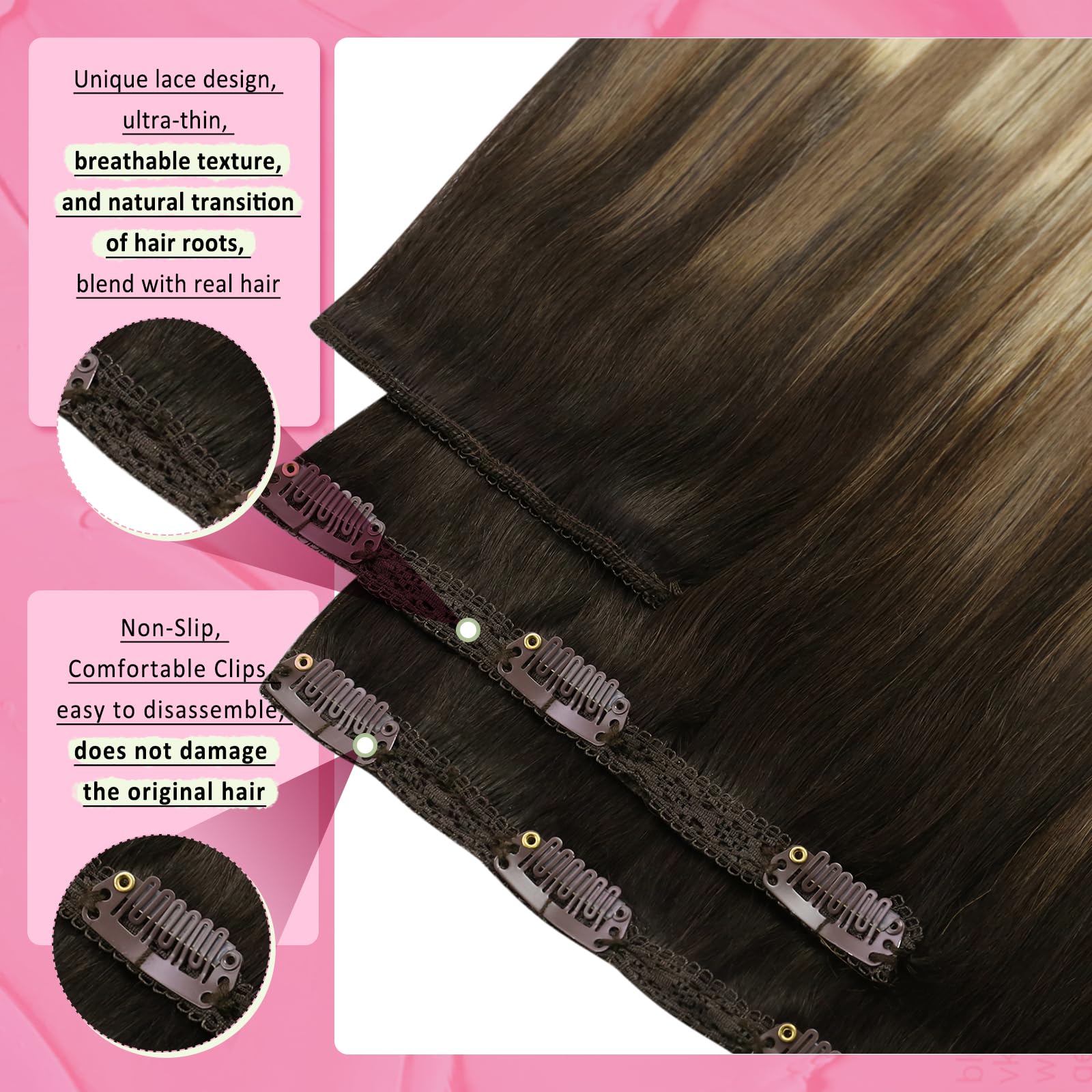 YoungSee Clip in Human Hair Extensions Balayage Clip on Hair Extensions Darkest Brown to Blonde with Brown Balayage Clip in Exte
