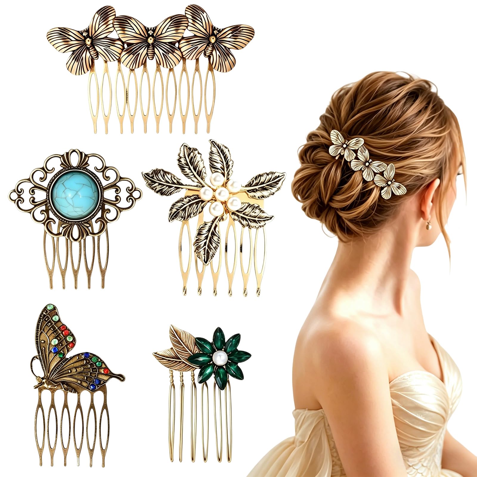 5Pcs Vintage Gold Decorative Hair Side Combs, Butterfly Flower Leaf Pearl Rhinestone Metal Hair Slides with Teeth Grip, Bridal H