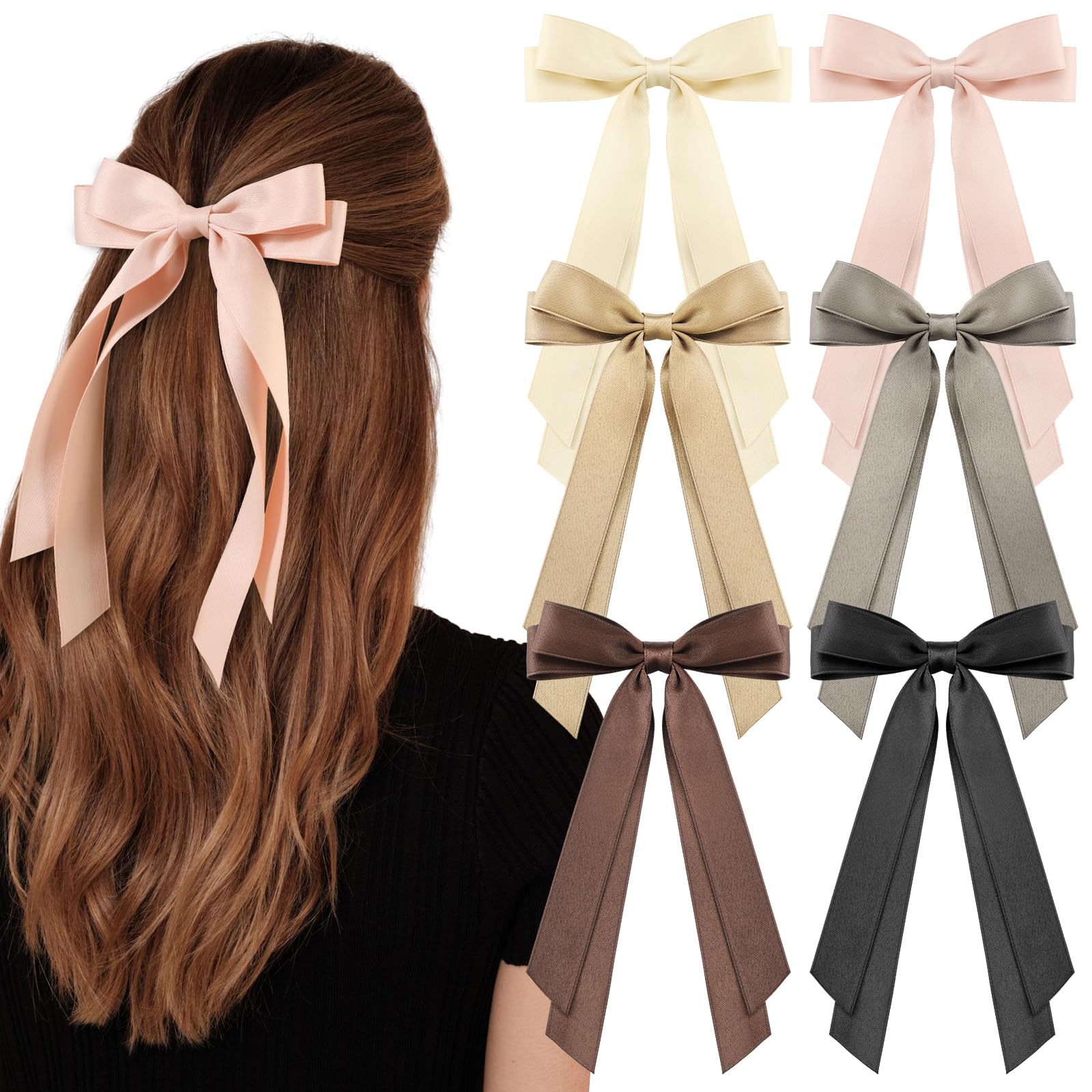6PCS Hair Bows for Women, Bow Hair Clips, Silky Satin Hair Bows, Pink Hair Ribbon, Cute Double Bows Long Tail for Girls, Neutral