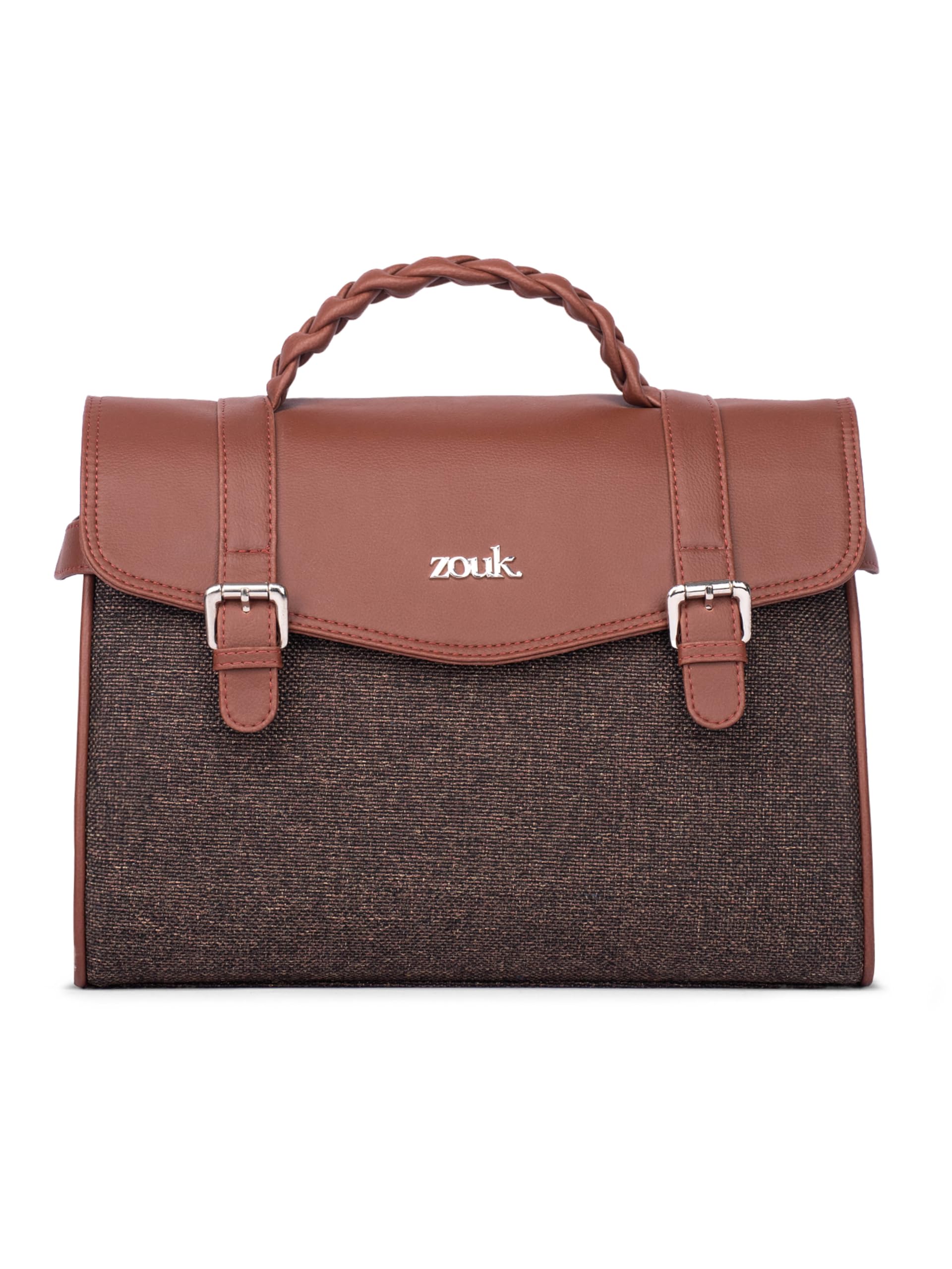 Zouk Konkona Heritage Satchel Bag  Bristel | Jute | Vegan Leather Handcrafted With Detachable Sling Strap| Brown
