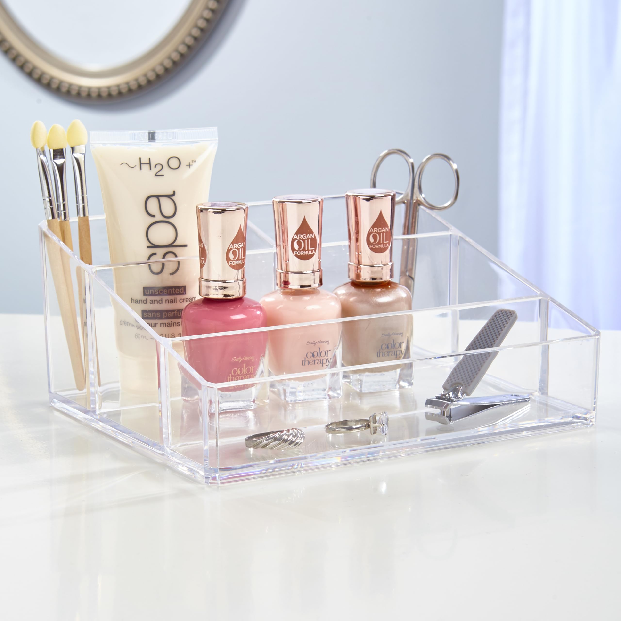 Stori Clear Plastic Vanity Makeup Organizer  Compact Rectangular 4-Compartment Holder For Brushes, Eyeshadow Palettes, & Beauty