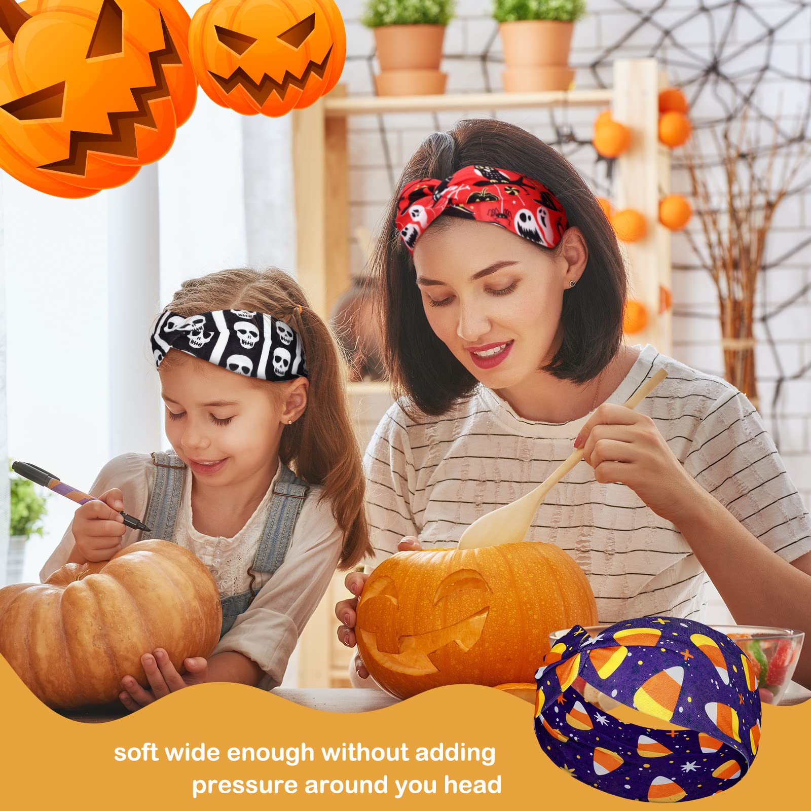 Giegxin 10 Pcs Halloween Headbands for Women Fall Thanksgiving Pumpkin Hair Band Notted Wide Elastic Hair Accessories for Holida