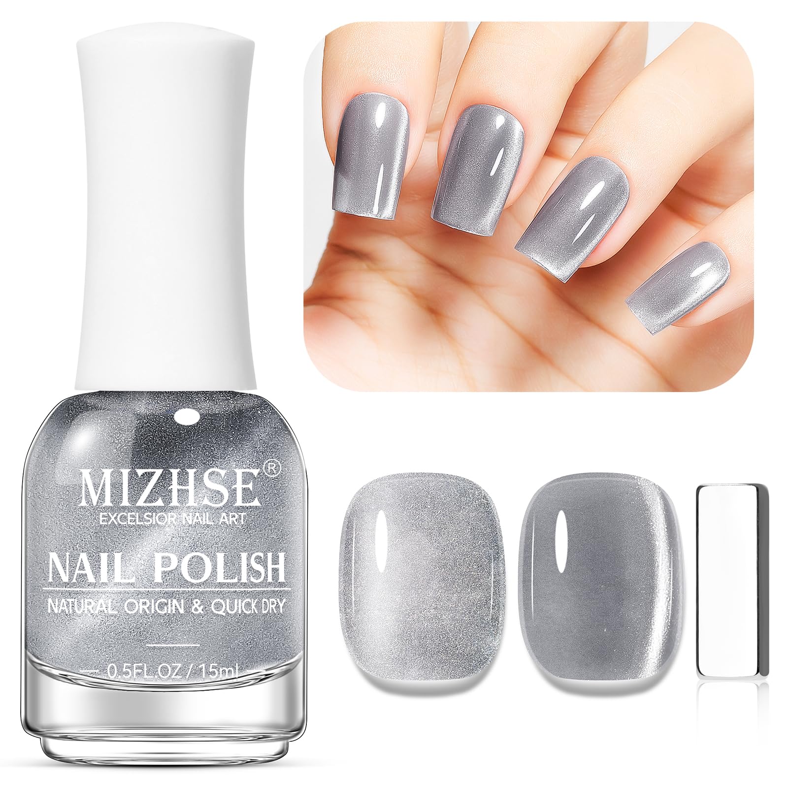 Mizhse Cat Eye Nail Polish: Sliver Quick Dry Nail Polish Magnetic Nail Polish With Magnet Air Drying Fast Nail Lacquer 15Ml Cate