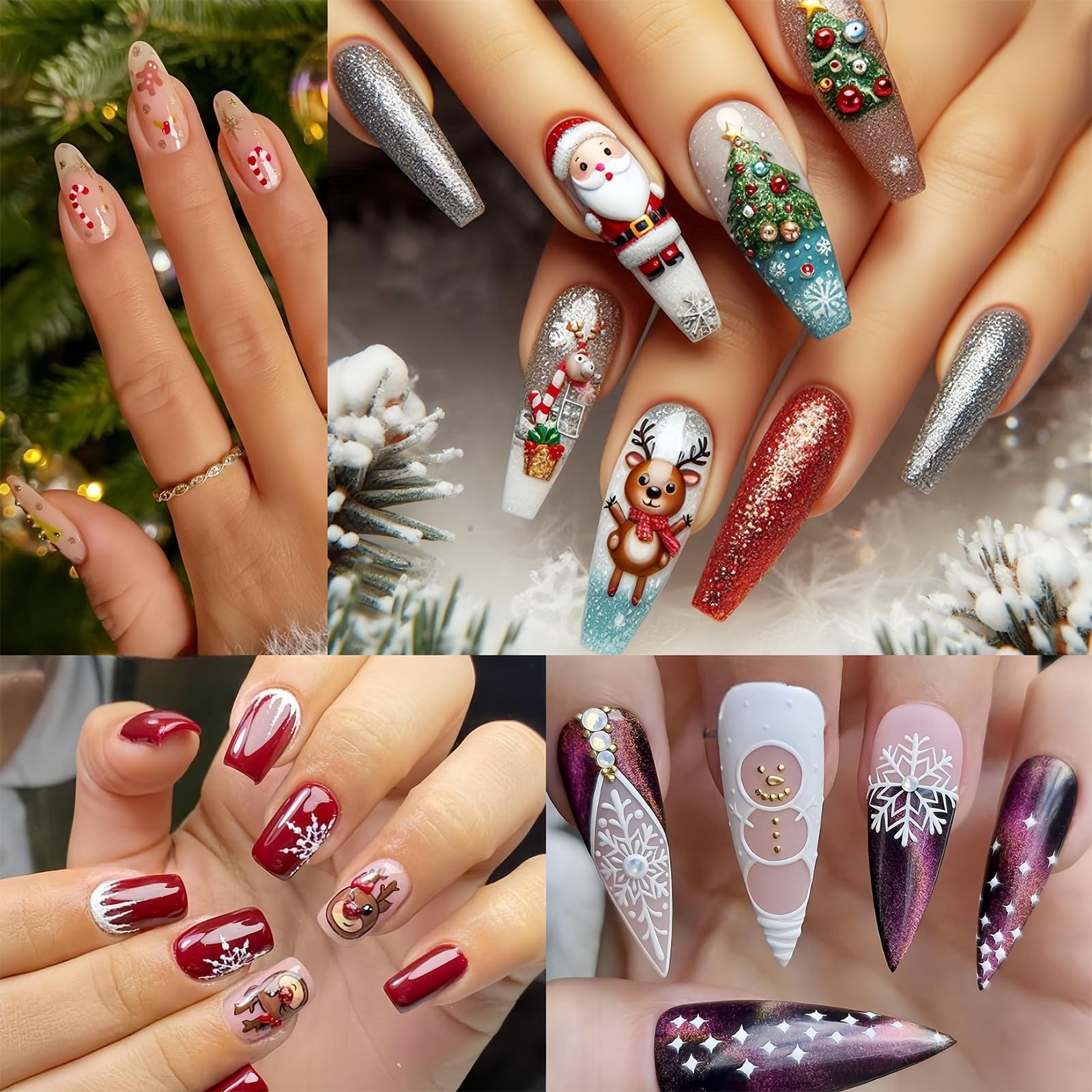 4 Sheets Christmas Nail Art Stickers 5D Embossed Snowman Snowflakes Nail Stickers Santa Claus Elk Penguin Nail Decals Christmas