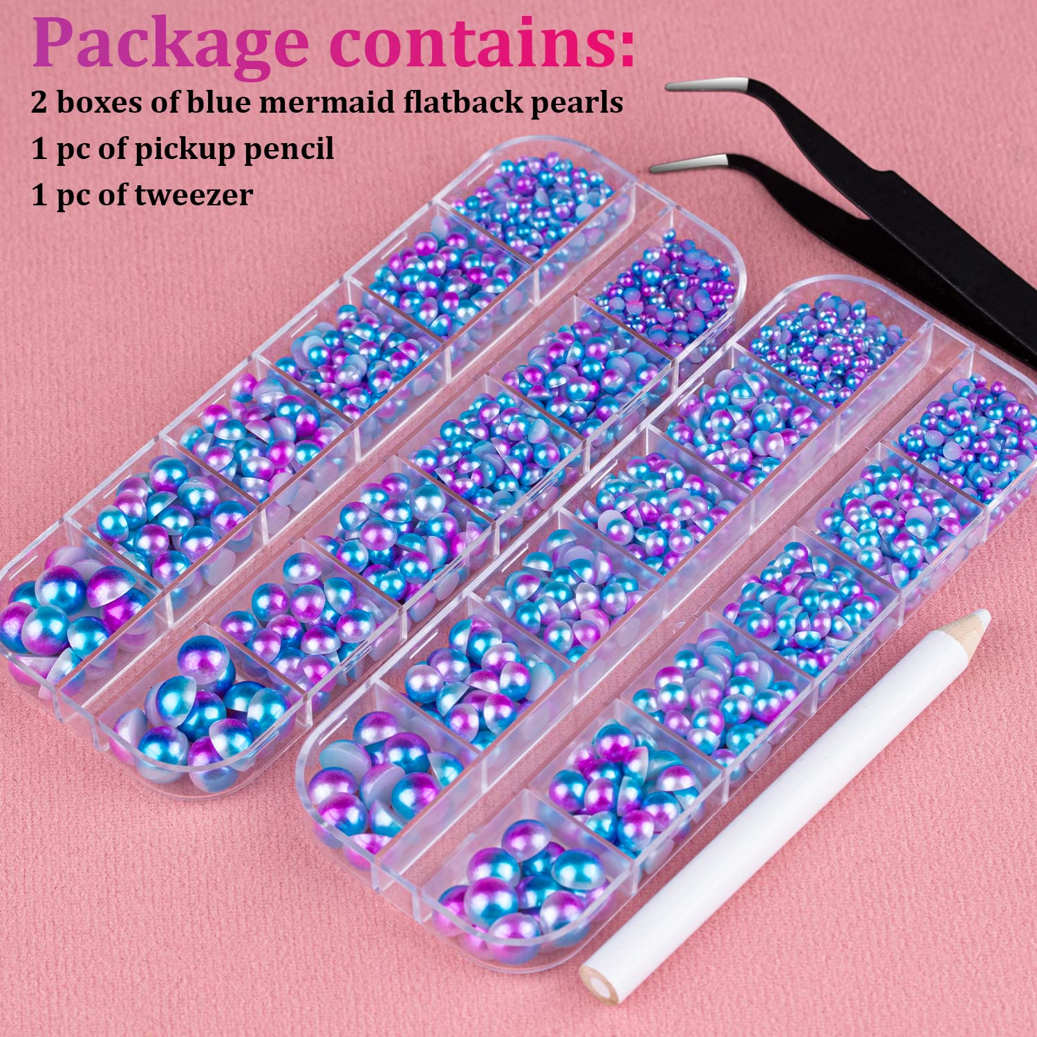 Belleboost Flat Back Pearls Kits 2 Boxes Of Flatback Blue Mermaid Half Round Pearls With Pickup Pencil And Tweezer For Home Diy