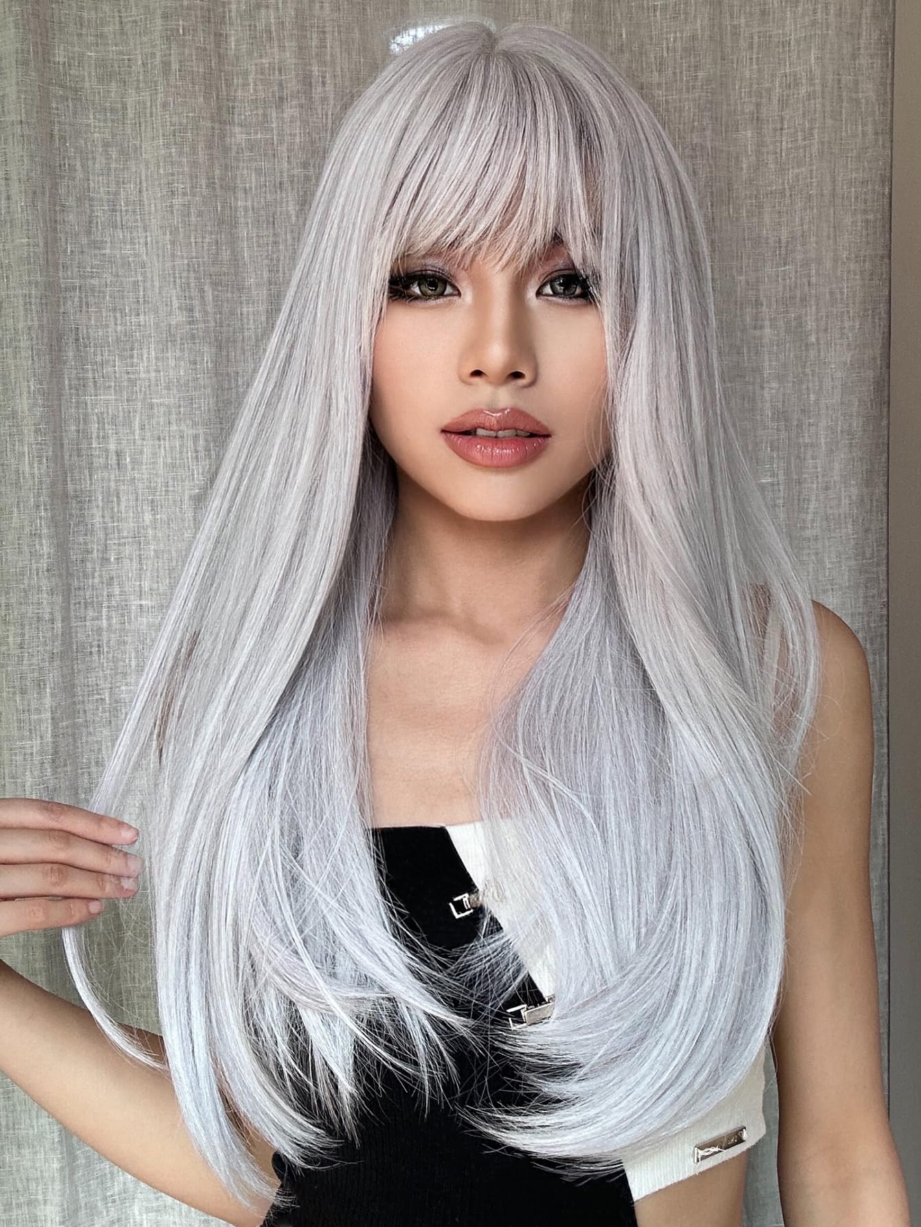 Entranced Styles White Wig With Bangs Long Straight White Wigs For Women Cosplay Wigs For Gril Natural Hairline Heat Resistant S