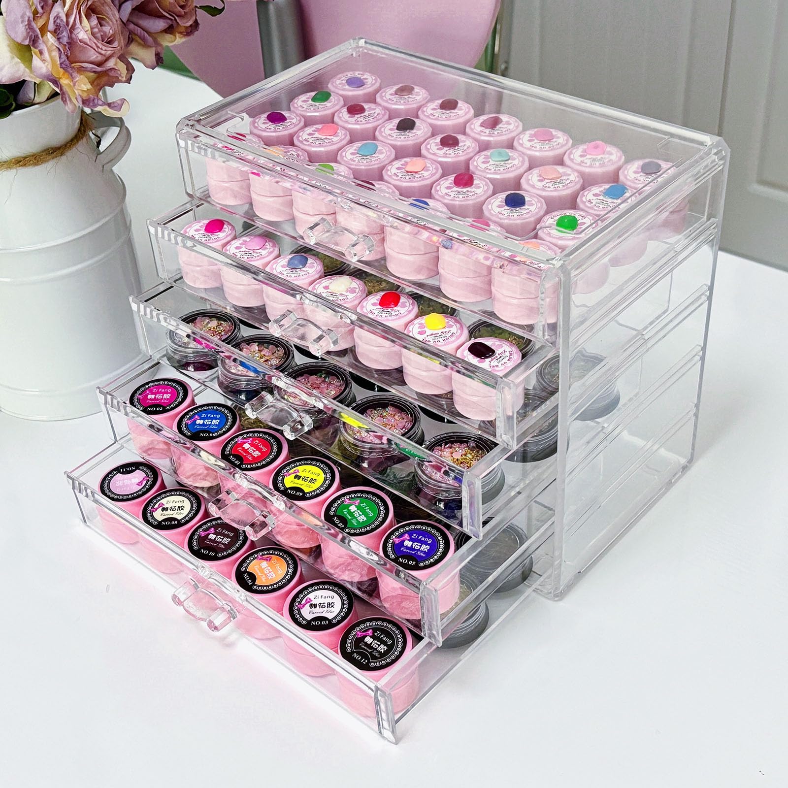 Guolich 5 Tier Nail Organizers and Storage Transparent Acrylic Nail Art Jewelry Accessories Storage Box Rack Shelf Display Stand