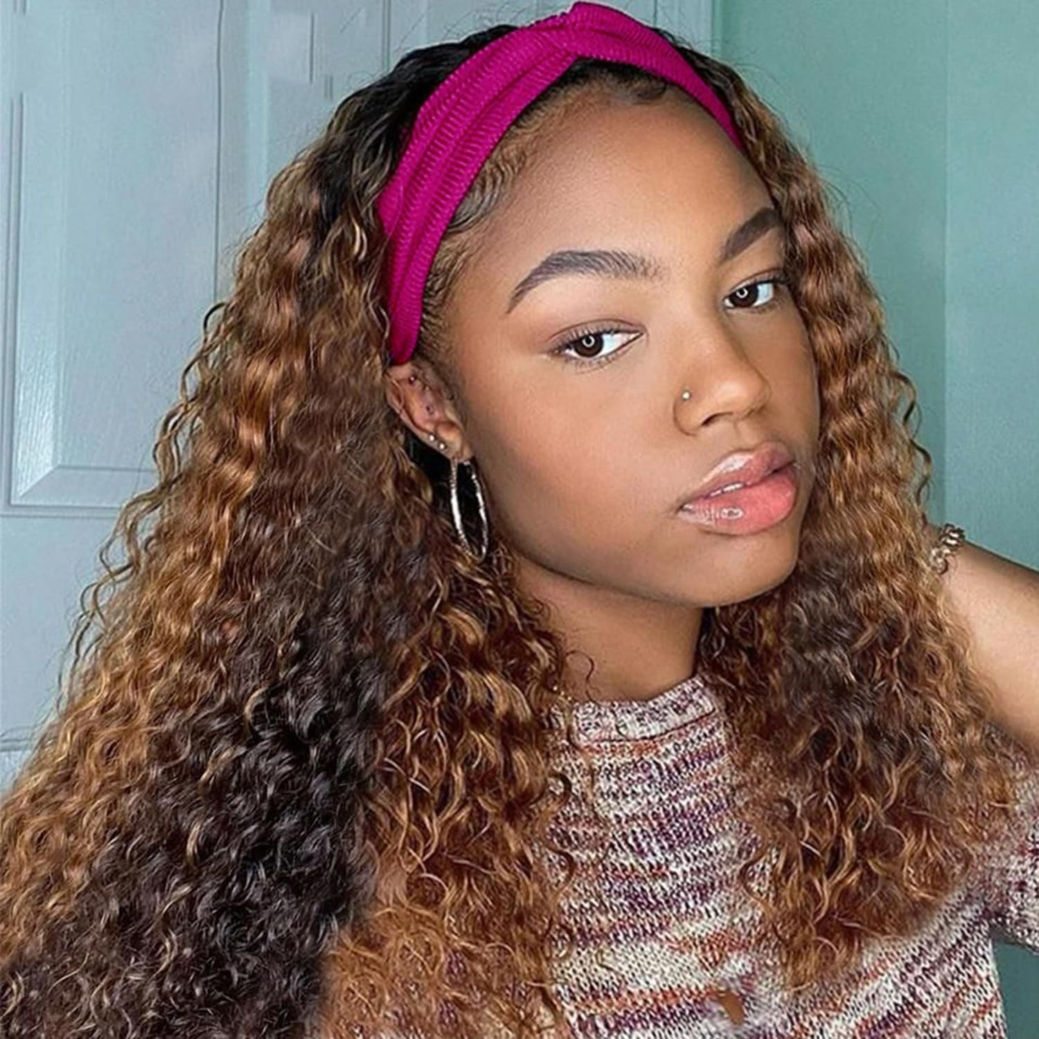 NICMISS Headband Wig Human Hair Ombre 4/27 Highlight Curly Headband Wigs for Black Women Human Hair Glueless Deep Wave None Lace