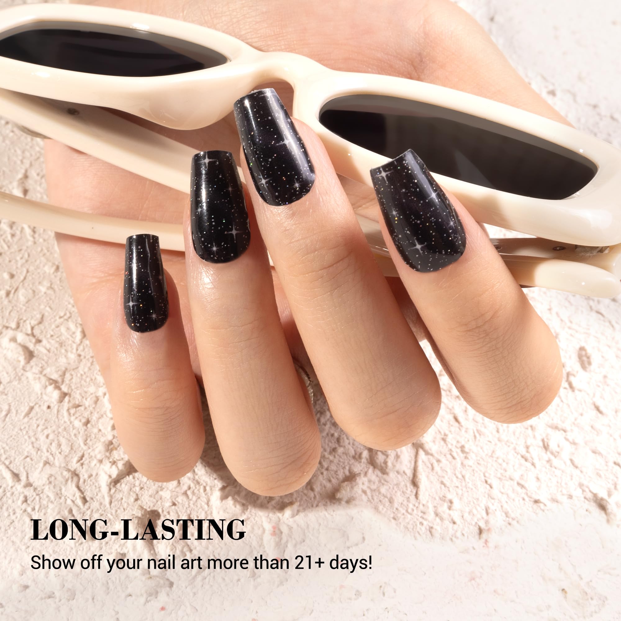 Melodysusie Semi Cured Gel Nail Strips (Black Stars)- Works With Nail Lamp, Salon-Quality, Long Lasting, Easy To Apply & Remove