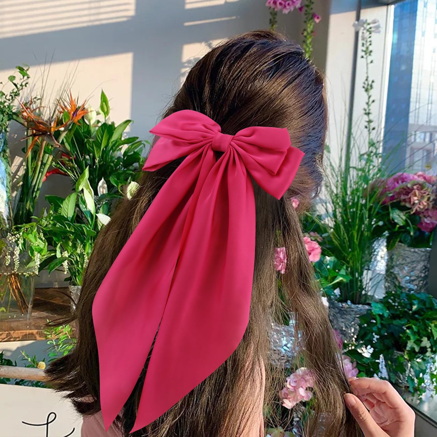 Atoden Silky Satin Hair Bows 2Pcs Beige Hot Pink Big Hair Bows For Women Oversized Long Tail Bow Hair Clips Large Hair Ribbons B