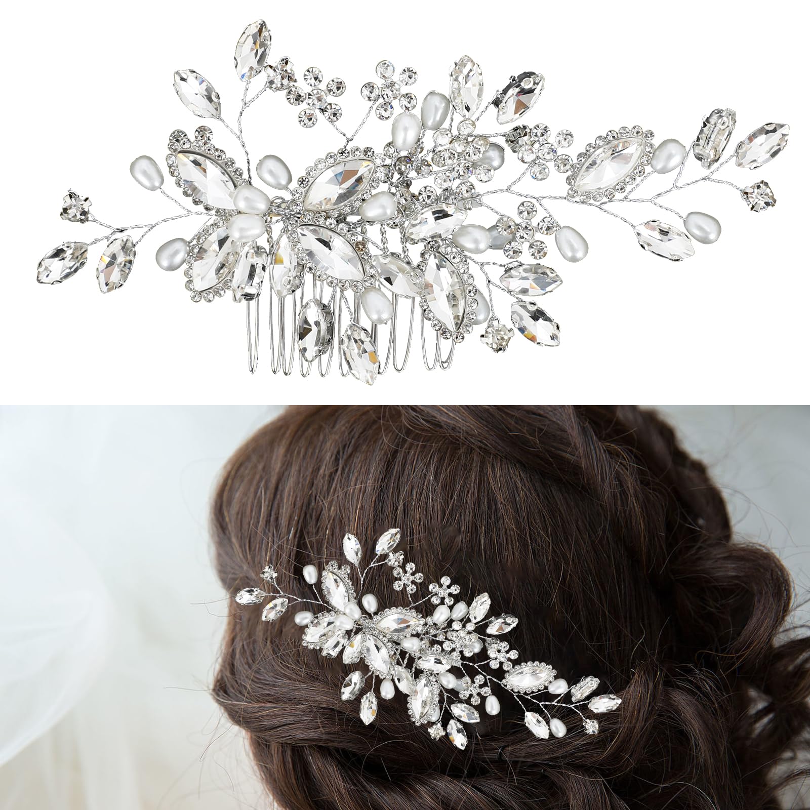Pravics Elegant Silver Bride Wedding Hair Comb with Rhinestones, Crystal Bridal Headpiece, Sparkly Hair Accessory for Women (6.2