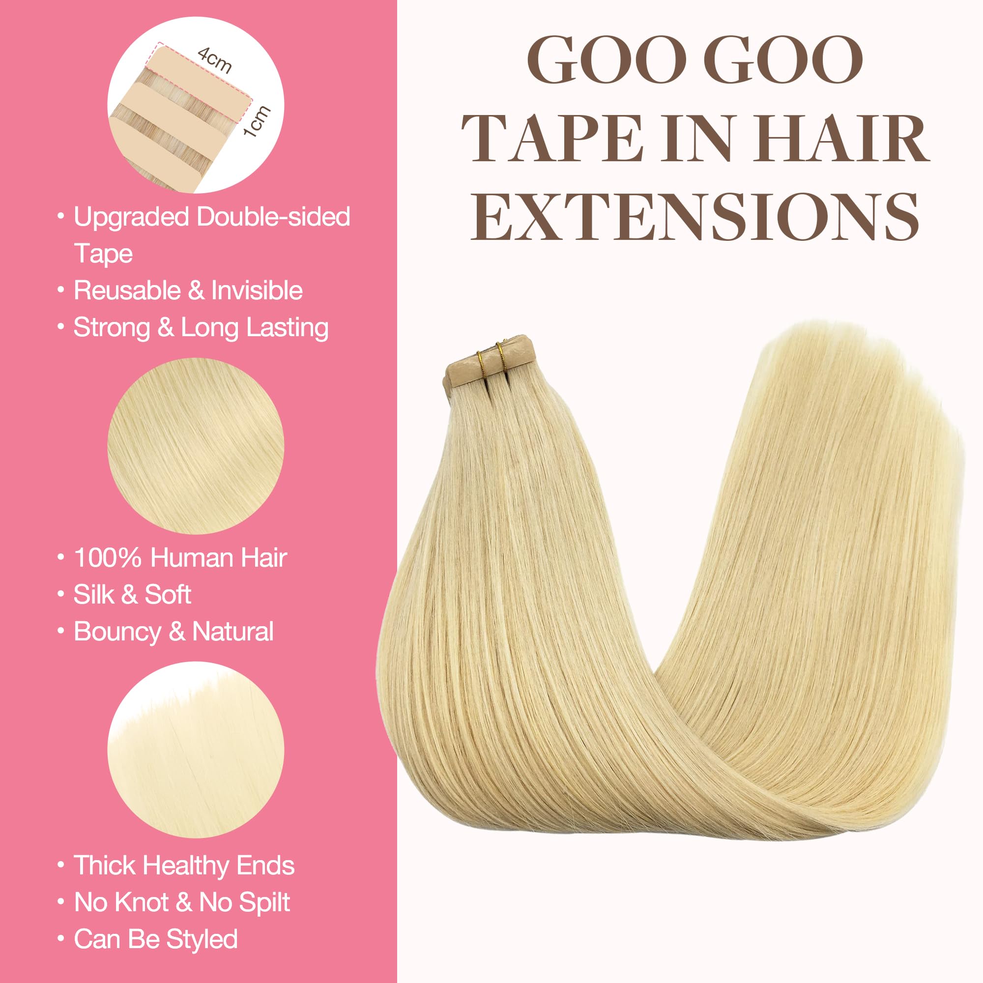 Goo Goo Tape In Hair Extensions Human Hair, 613R Bleach Blonde, 14Inch 100G 40Pcs, Thick Ends Straight Seamless Tape In, Invisib