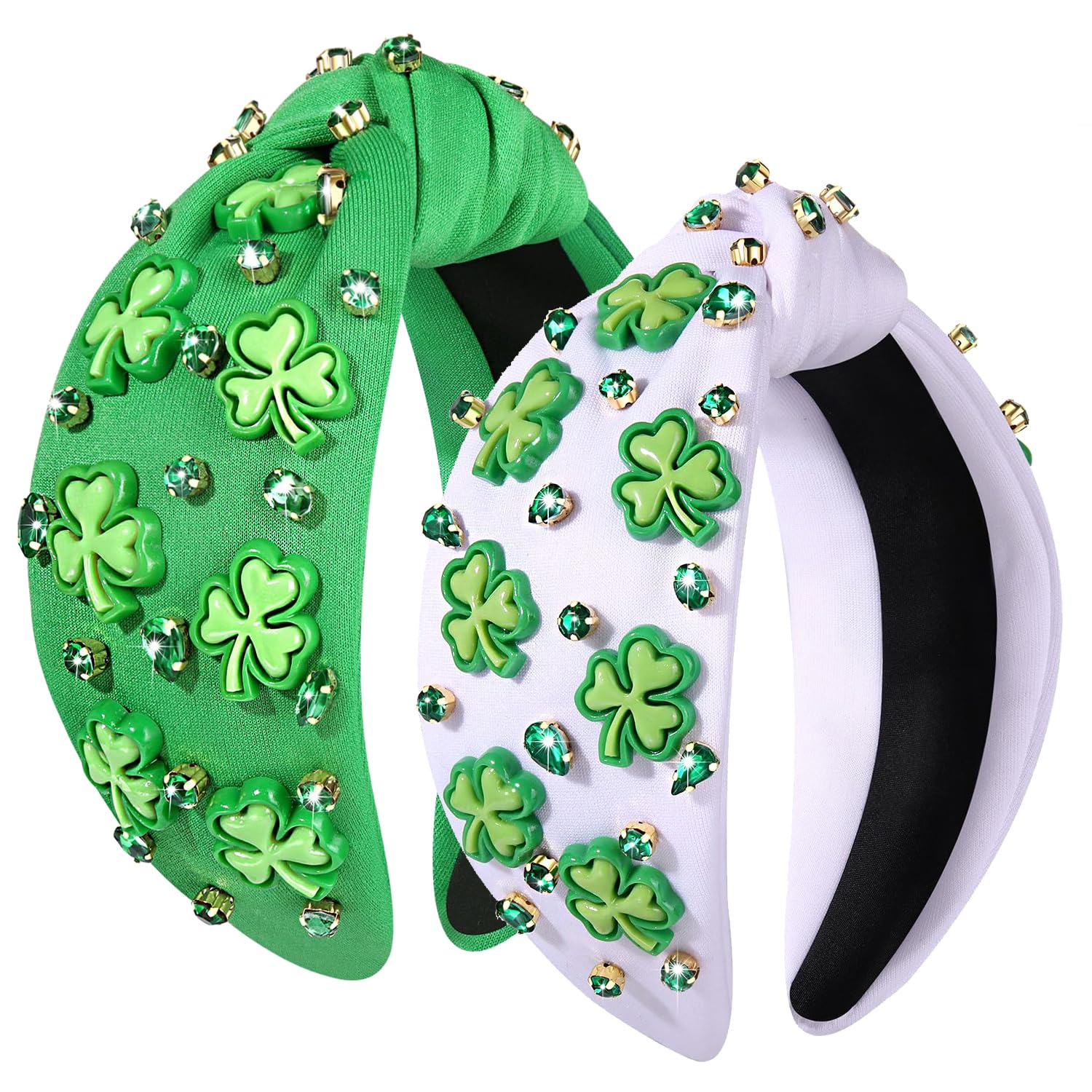 CEALXHENY 2 Count St. Patrick's Day Headband, Green Shamrock Embellished Crystal Rhinestone Knotted Headband, Irish Holiday Hair