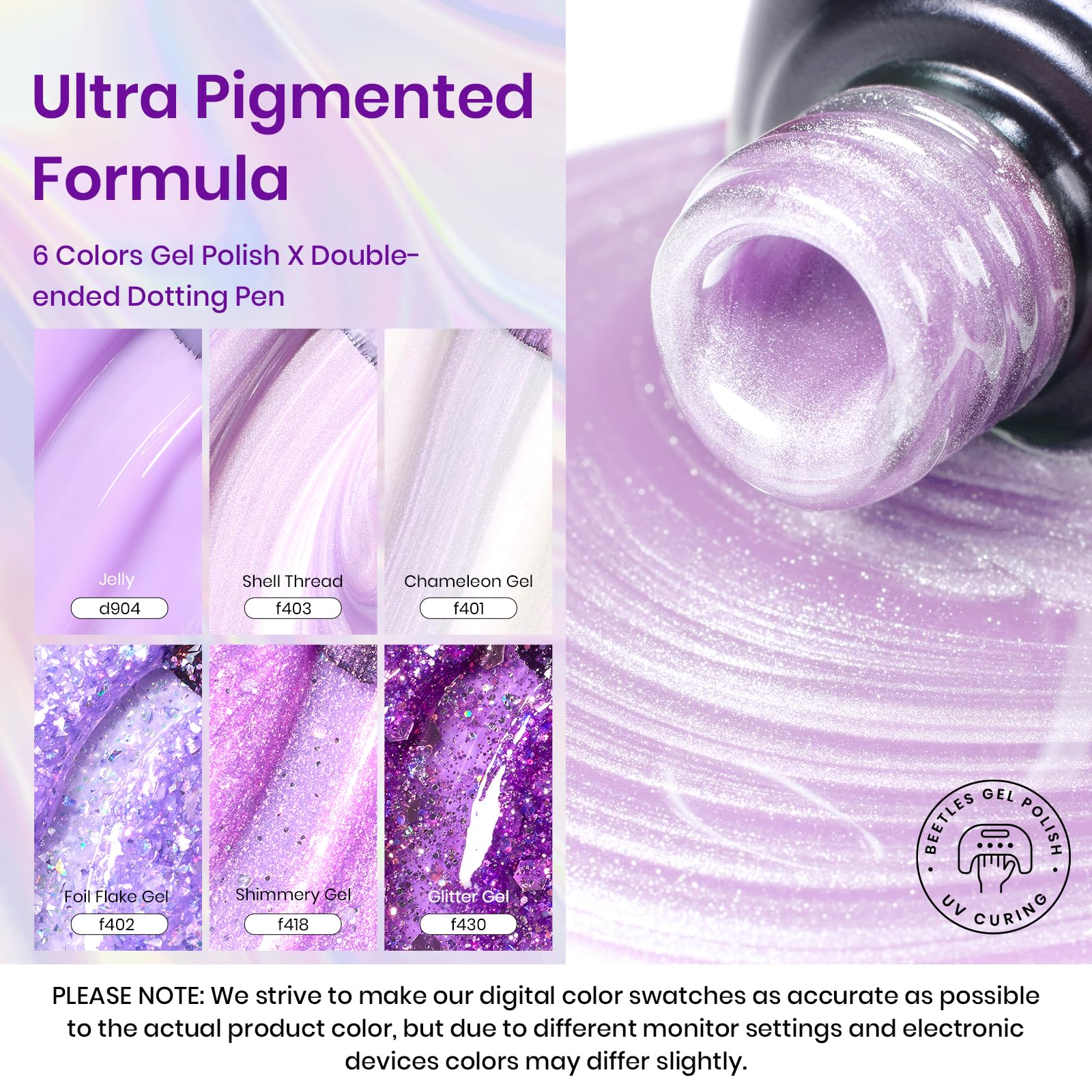 Beetles Purple Glitter Gel Nail Polish Set, 6 Color Purple Spring Color Shimmer Pearl Jelly Gel Polish With Nail Brush Soak Off