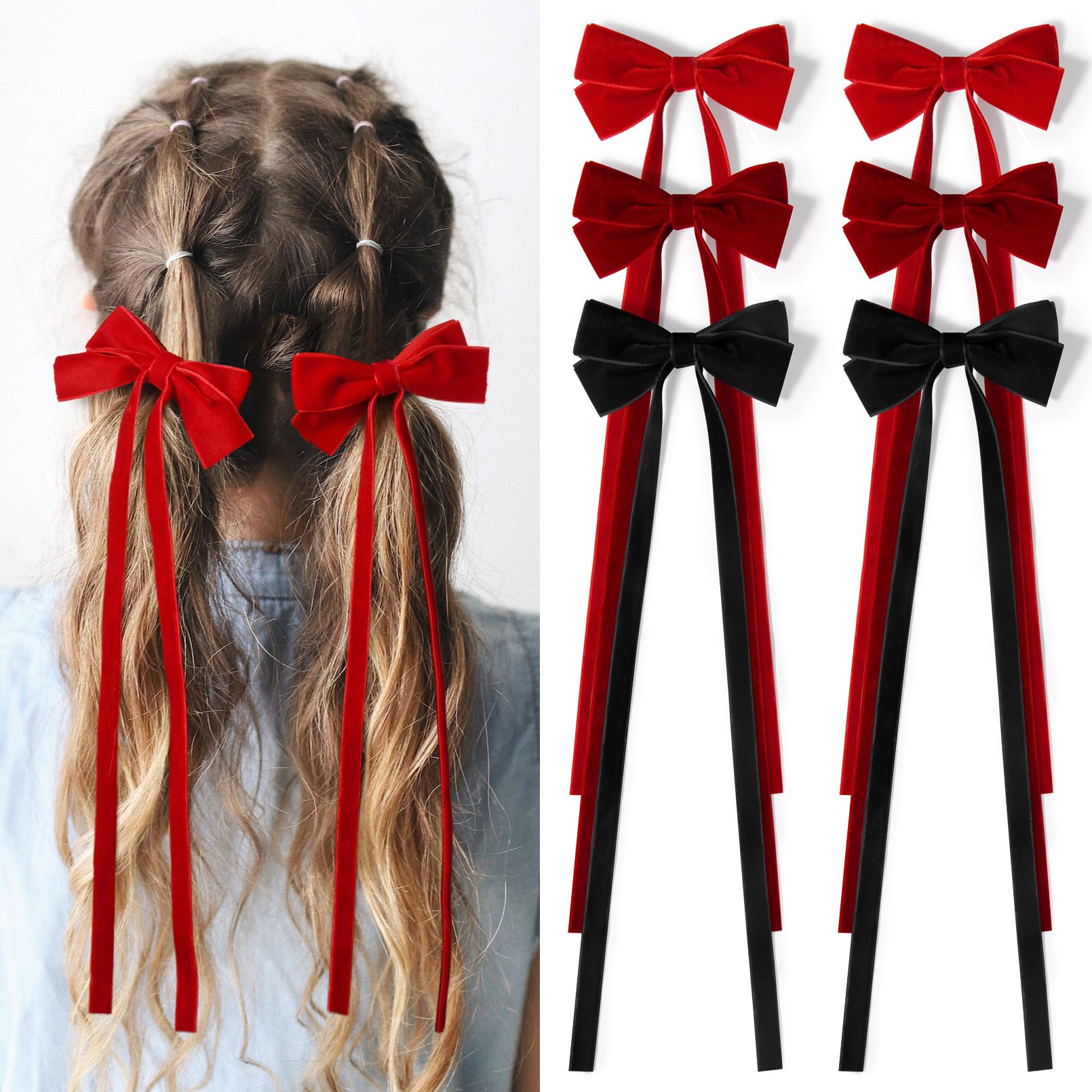 6PCS Velvet Hair Bows Ribbon Hair Clip Ponytail Holder Accessories Slides Metal Clips Hair Bow for Women Girls Toddlers Teens Ki