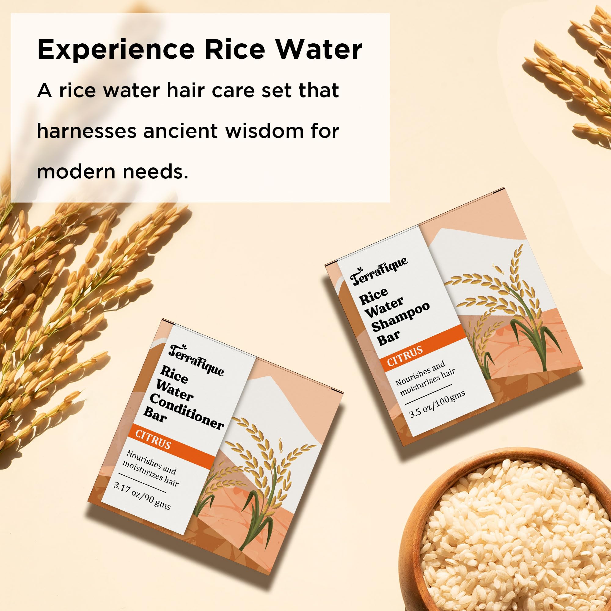 Terrafique Rice Water Shampoo And Conditioner Bar Set - Rice Water Shampoo Bar 3.5 Oz - Rice Water Conditioner Bar 3.17 Oz