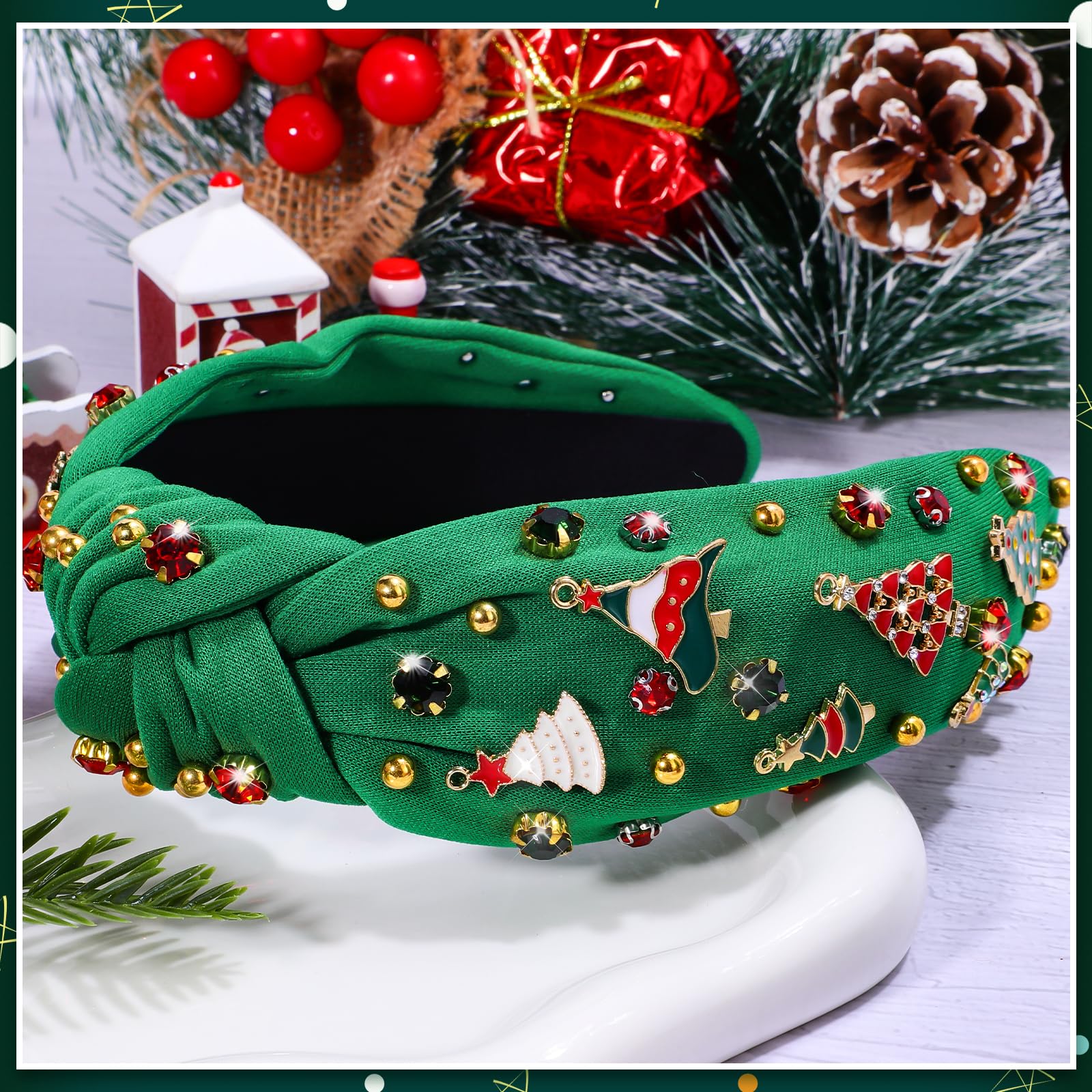 Obeoby Christmas Headband For Women, Knotted Headband With Christmas Tree Crystal Pearl Snowflake Decorations Holiday Christmas