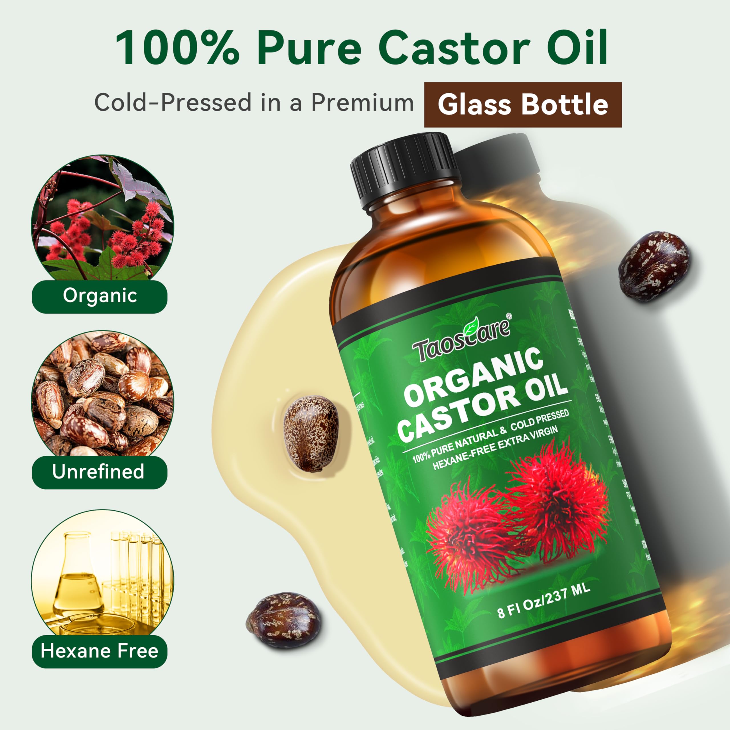 2 Pack Castor Oil Organic Cold Pressed Unrefined Glass Bottle With 2 Pumps - Pure & Hexane-Free For Hair Growth, Skin Care, Lash