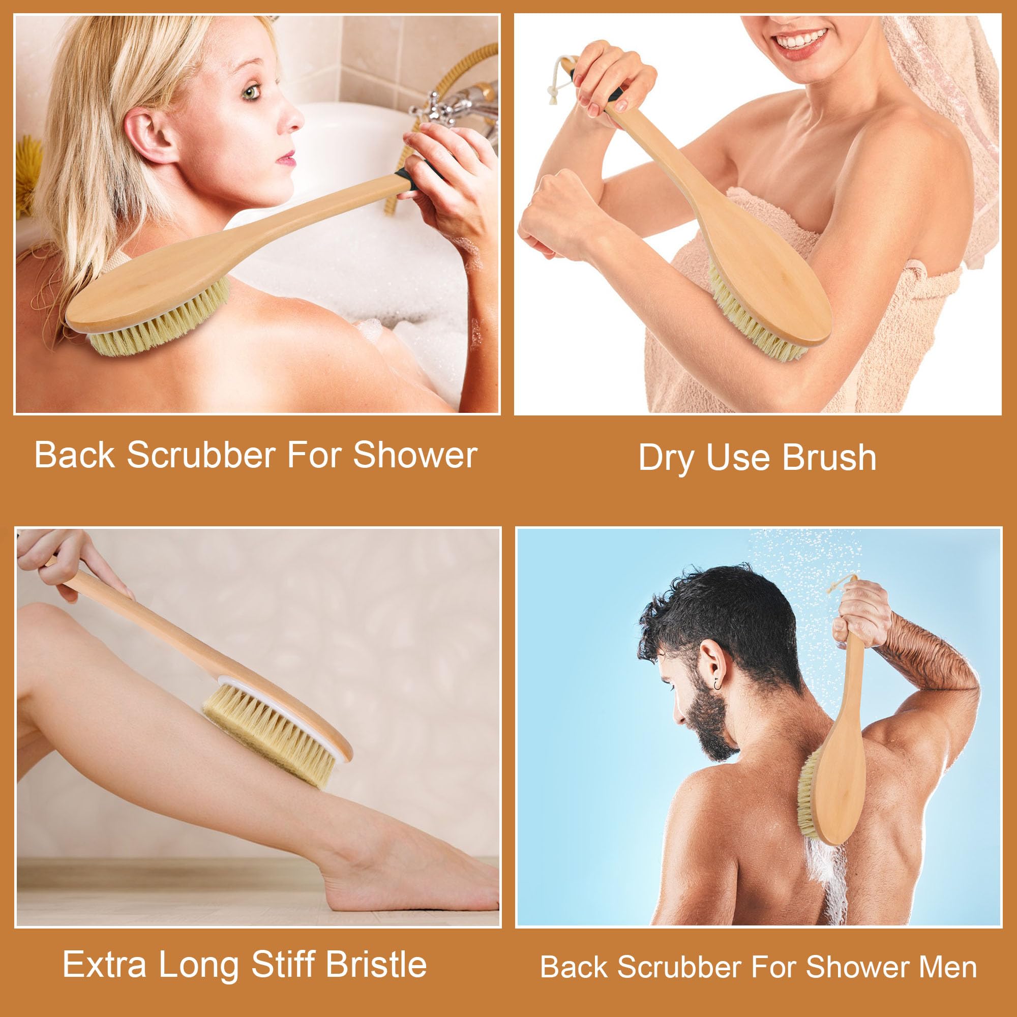 Owiizi Back Scrubber Brush For Shower, Long Stiff Bristle Body Bath Brushes, Wooden Curved Long Handle Skin Exfoliator For Men W