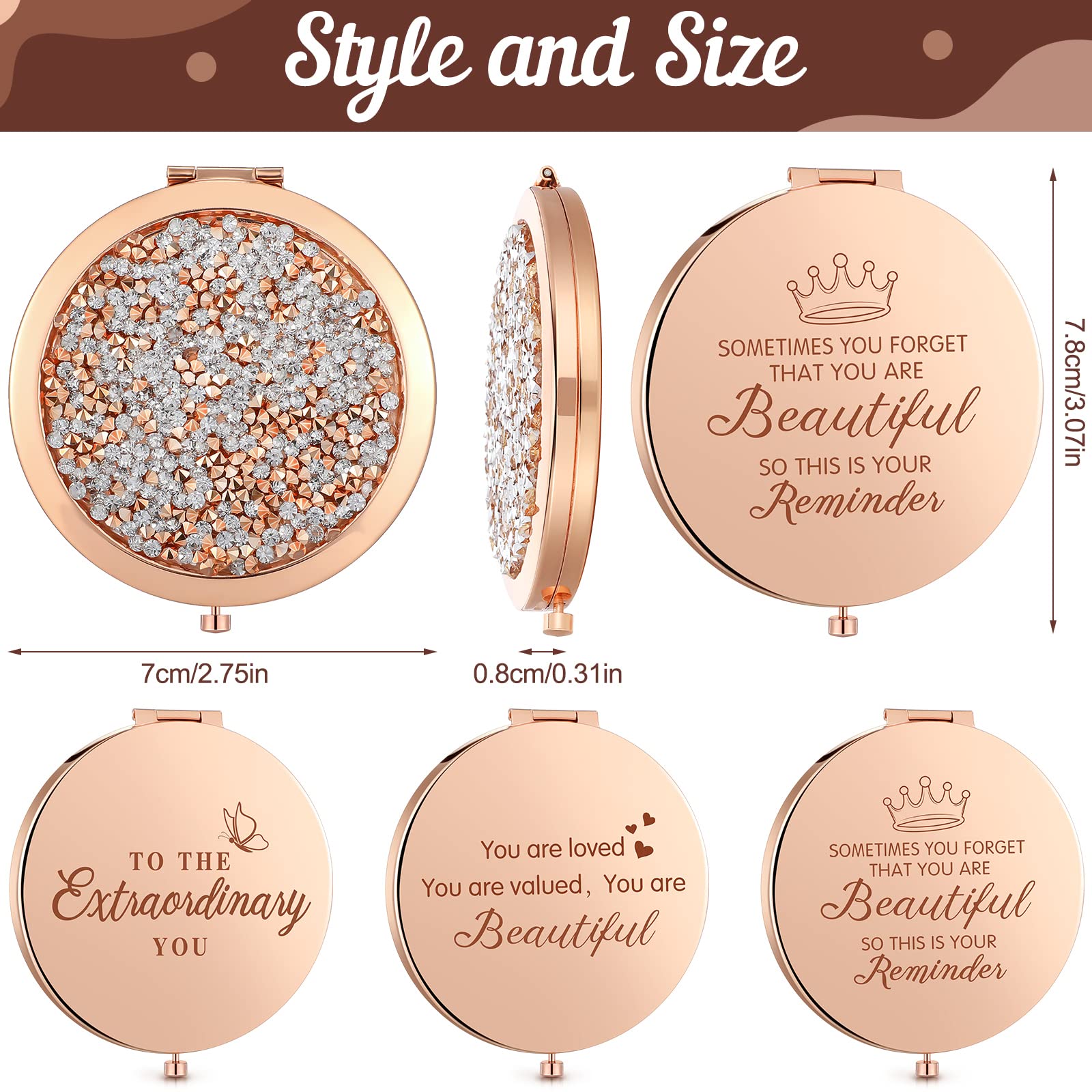 3 Pieces Magnifying Compact Cosmetic Mirror 2.75 Inch Round Pocket Makeup Mirror Travel Handheld Compact Mirror Engraved Purse M