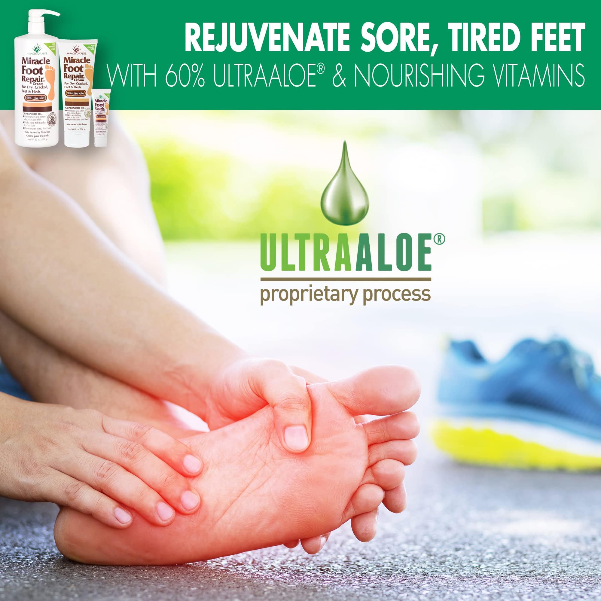 Miracle Foot Repair Cream (8 Oz & 1 Oz) Repairs Dry Cracked Heels And Feet, 60% Pure Ultraaloe Moisturizes, Softens, And Repairs