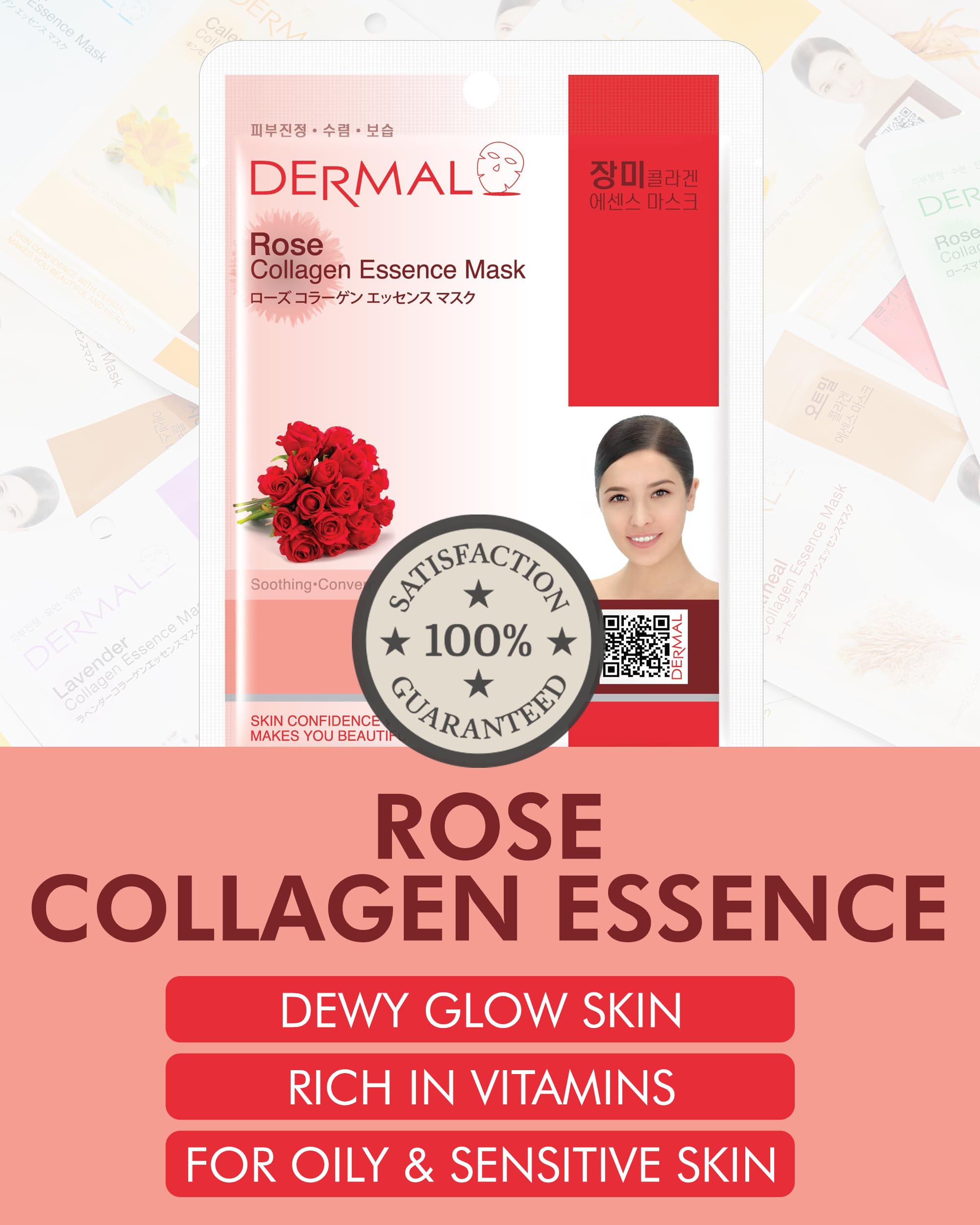 Dermal Rose Collagen Essence Korean Facial Mask Sheet Pack Of 10 - Reviving Tired Skin, Soothing & Hydrating - Hypoallergenic Sk