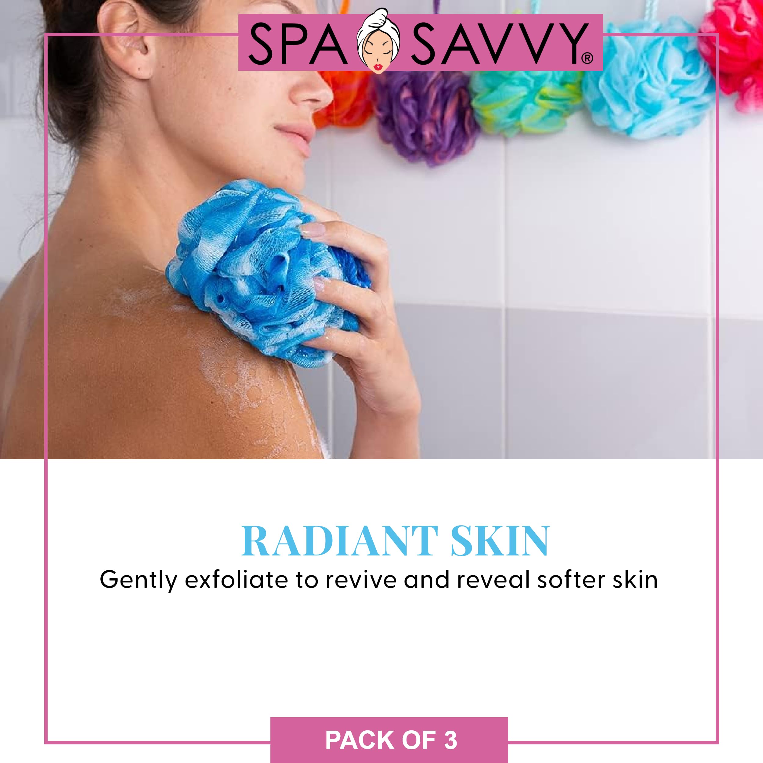 Spa Savvy Bath Loofah Set, Pack Of 3 Shower Body Sponges With Suction Cups For Men And Women, Exfoliating Pouf Bath Accessories,