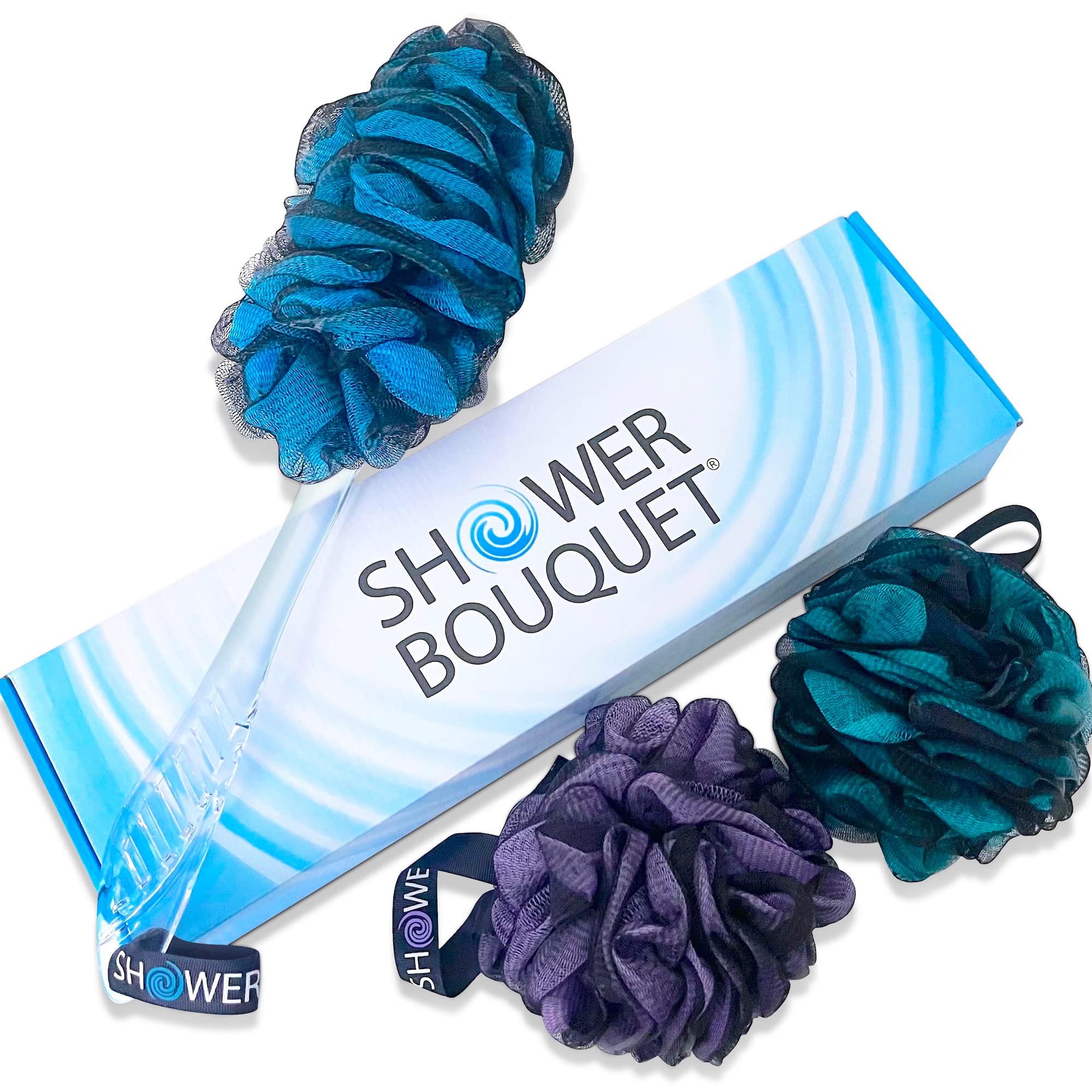 Loofah-Charcoal Back-Scrubber & Bath-Sponge Color-Set By-Shower-Bouquet: 1 Long-Handle-Back-Brush Plus 2 Extra Large 75G Soft Me