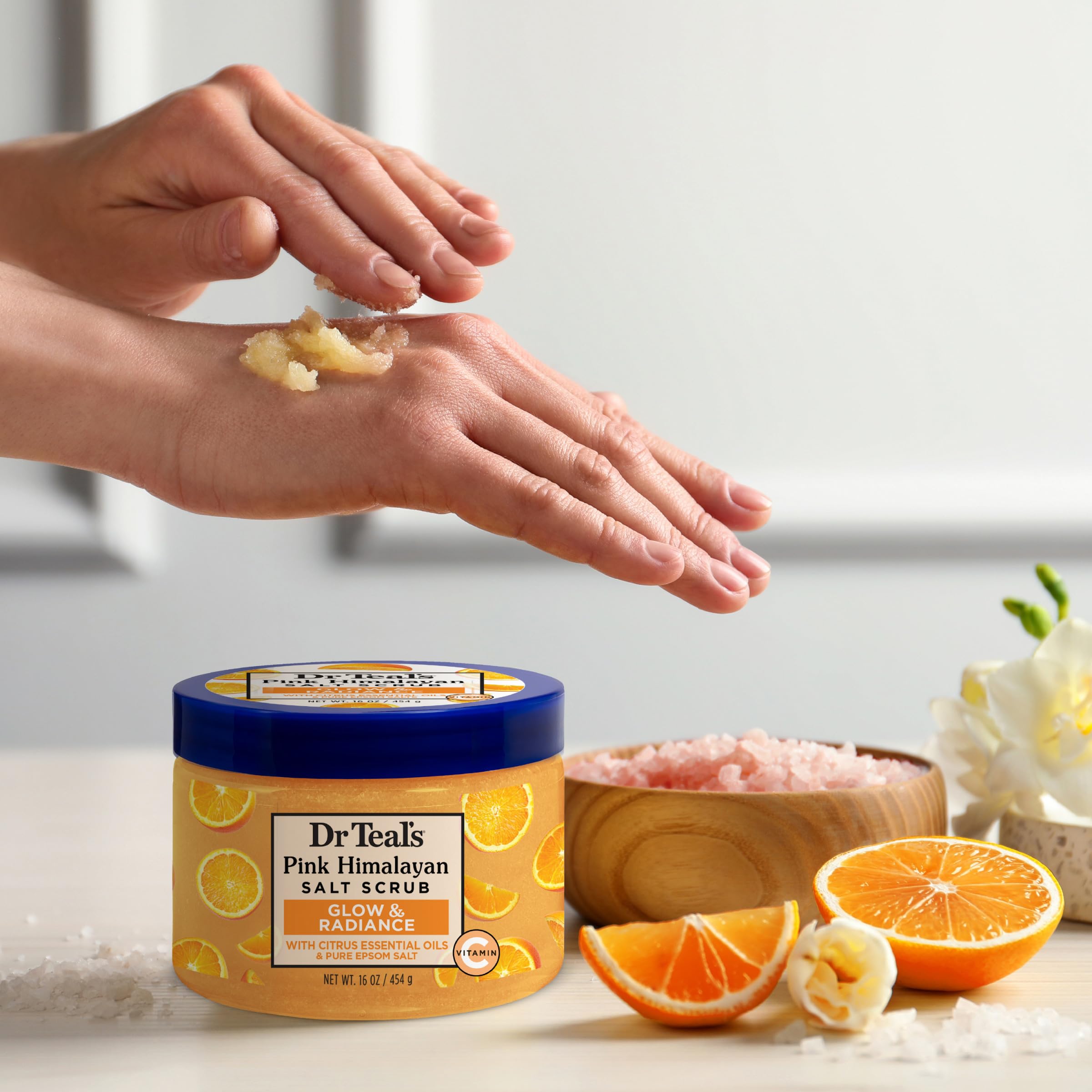 Dr Teal's Pink Himalayan Salt Body Scrub, Glow & Radiance with Pure Epsom Salt & Citrus Essential Oils 16 oz (Pack of 3) (Packag