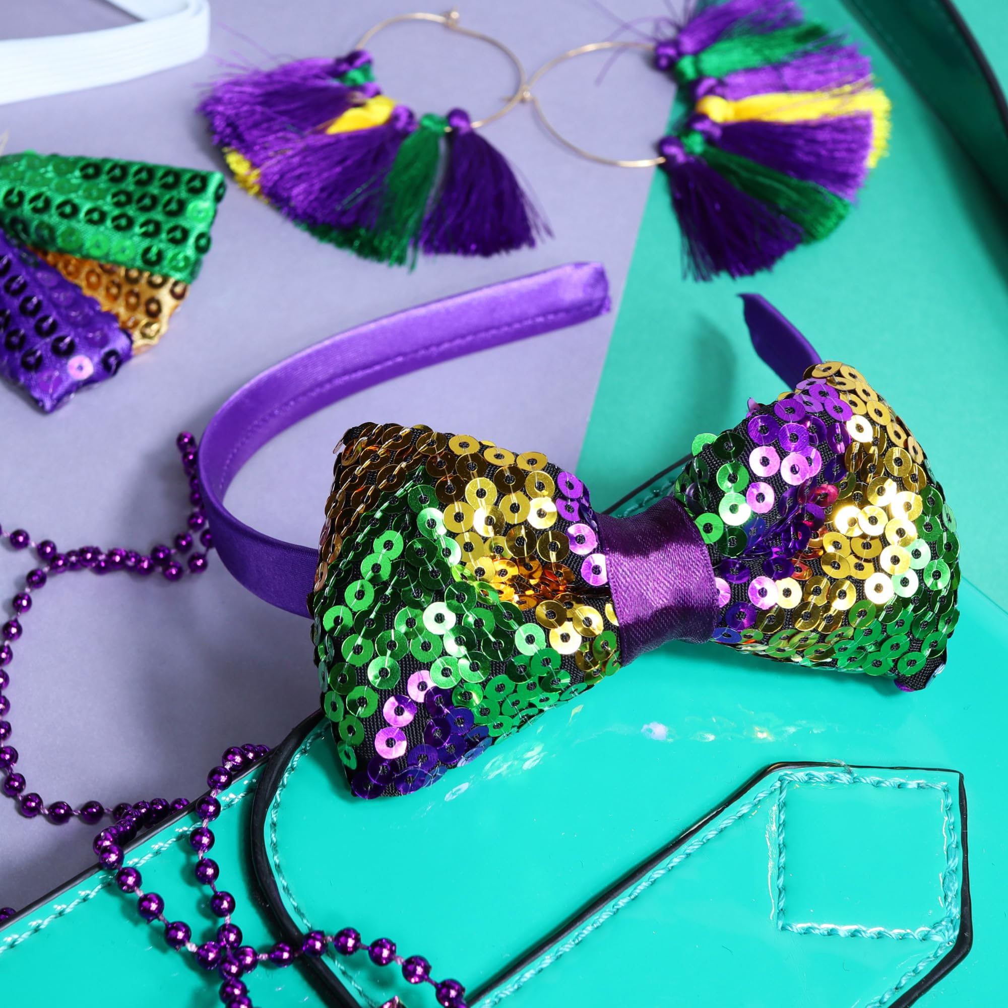 Needzo 2024 Mardi Gras Glitter Bow Headband, Purple, Green, and Gold Parade, Party Hair Accessory One Size (Headband)