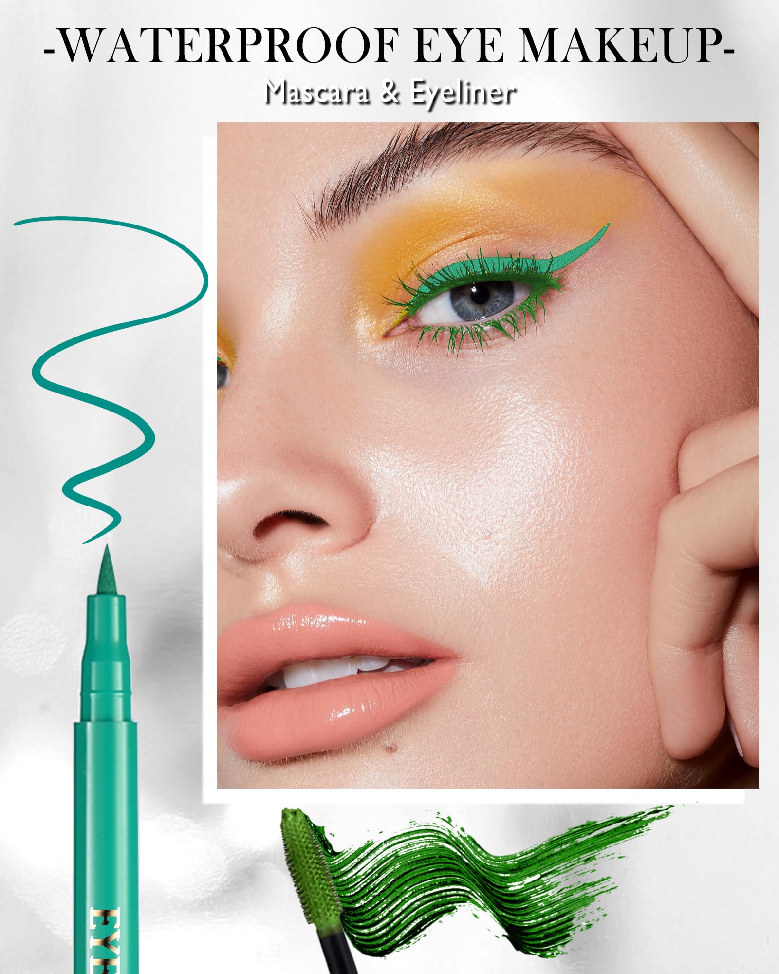 Green Waterproof Mascara & Eyeliner, 5D Silk Fiber Lash Extensions Colored Tubing Mascara Volume And Length, Long-Lasting Smudge