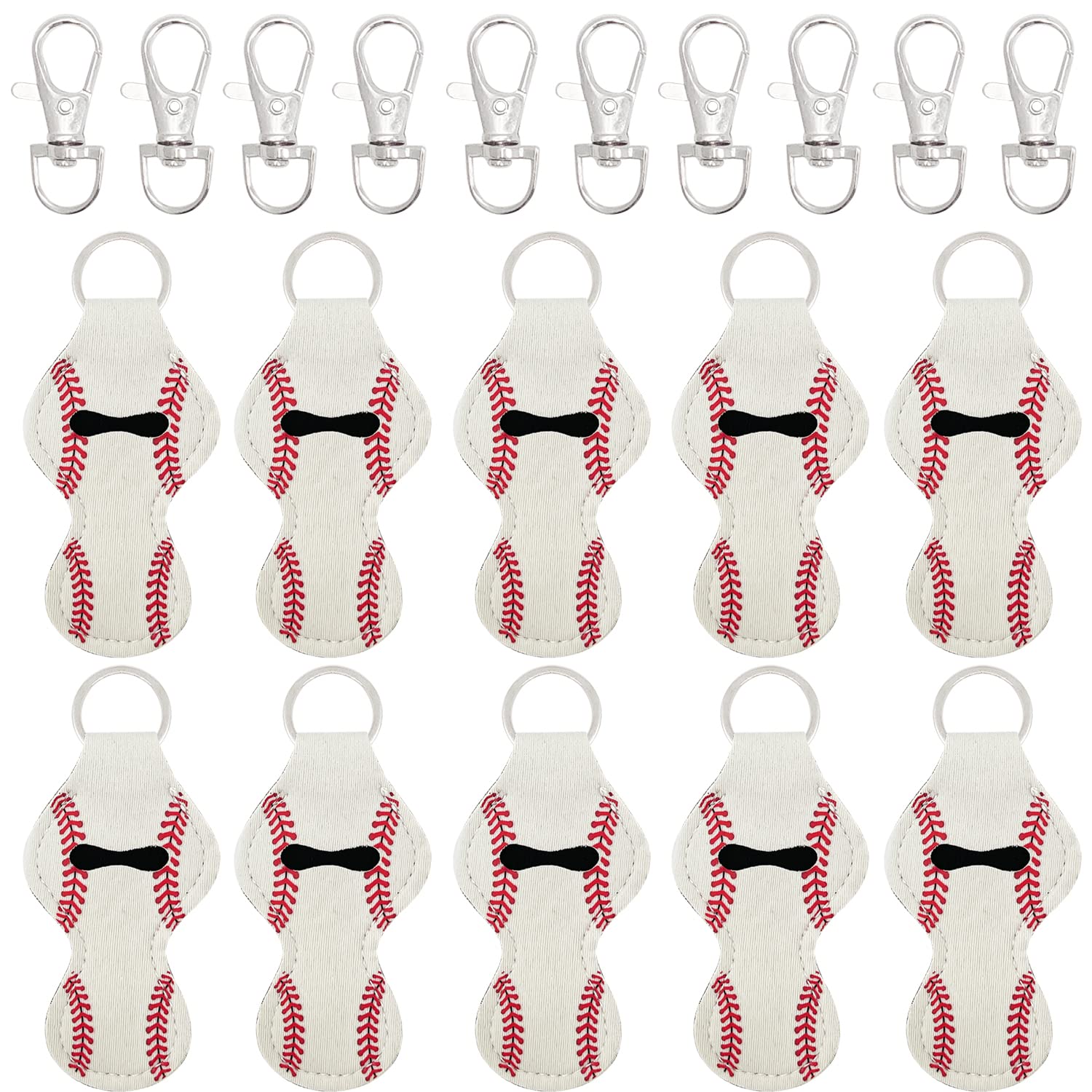 allydrew 10 Pack Chapstick Holder Keychain, Keyring for Lip Balm Lip Gloss Lipstick with 10 Pieces Metal Keyring Clasps, Basebal