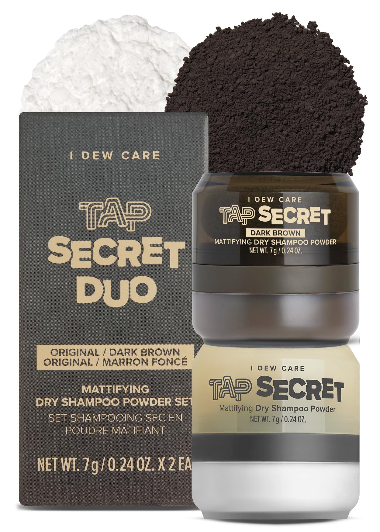 I Dew Care Dry Shampoo Powder - Tap Secret Original & Dark Brown Duo | With Betaine, Black Ginseng, Non-Aerosol, Benzene-Free, M