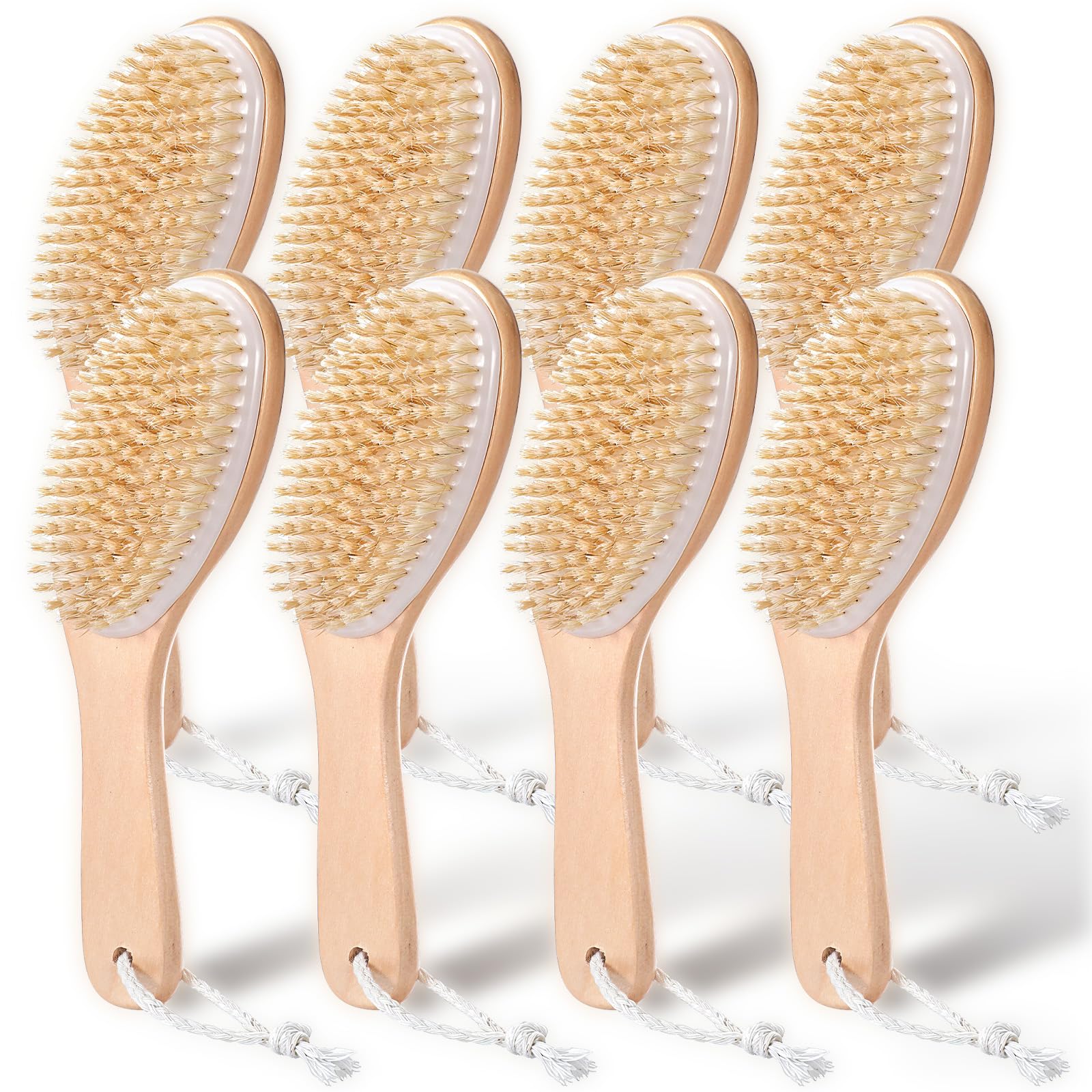 8 Pcs Dry Brushing Body Brush, Body Scrub Brush Natural Boar Bristle with Contoured Wooden Handle for Back Legs Feet Exfoliates 