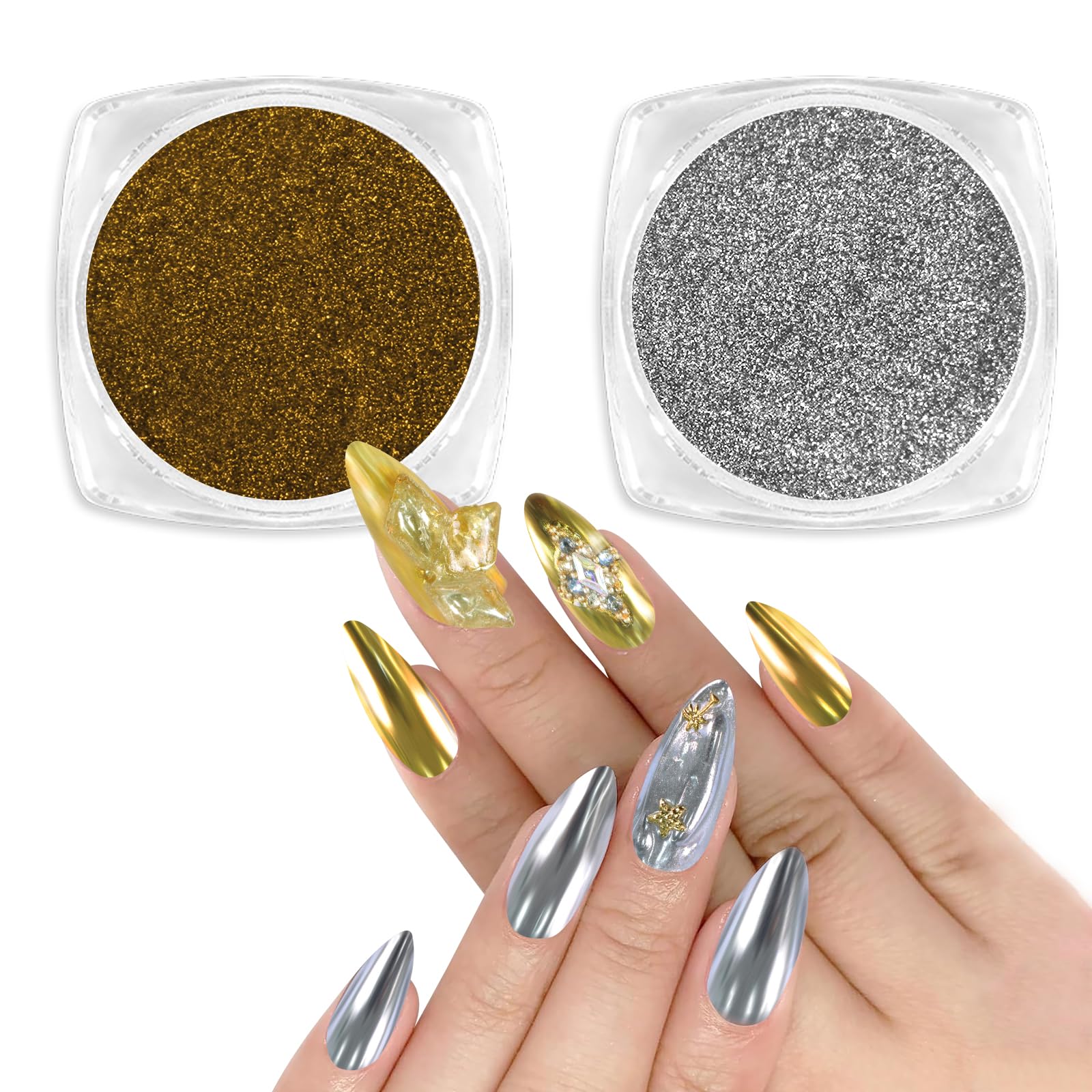 Allstarry Chrome Nail Powder, 2 Colors Metallic Effect Mirror Chrome Powder Pigment Shiny Holographic Manicure Pigment Gold Sive