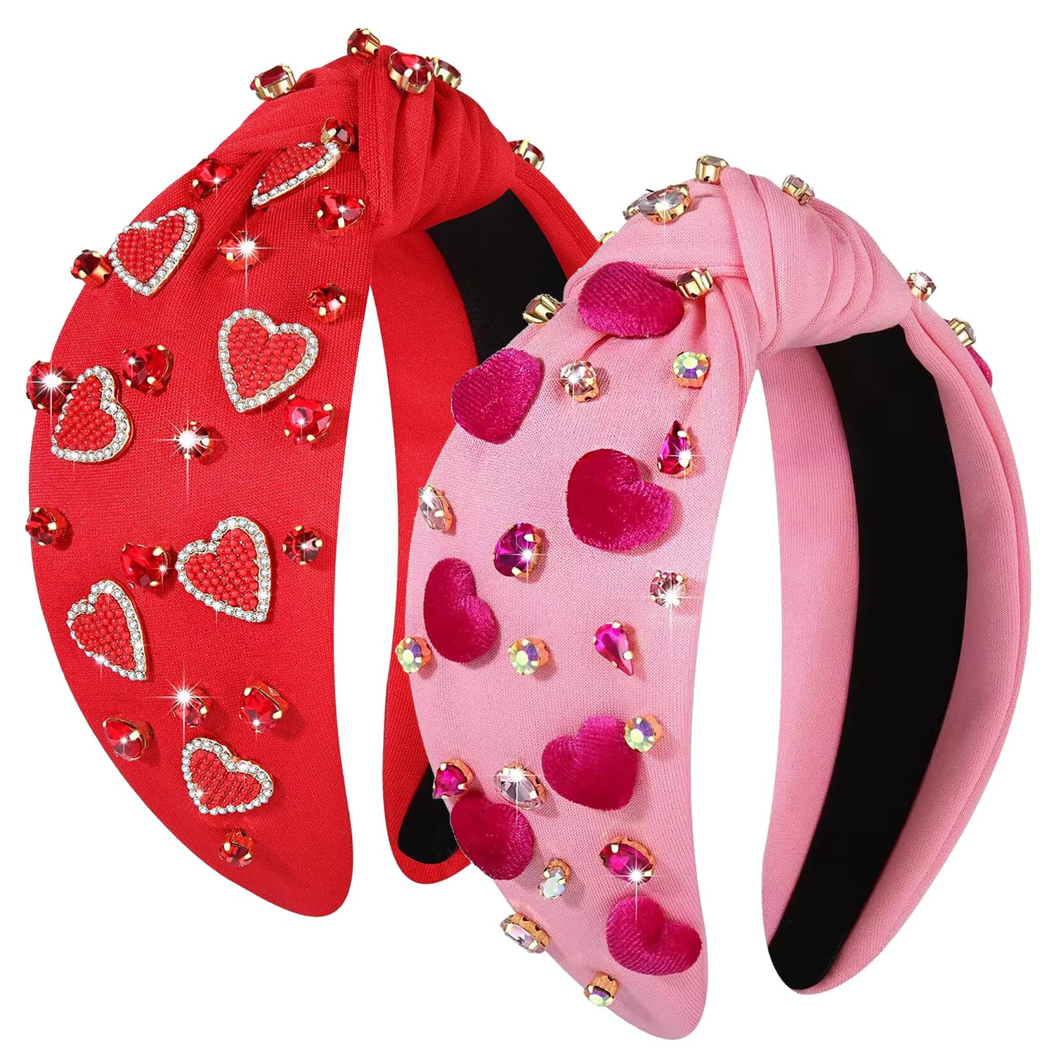 CEALXHENY Beaded Pink and Red Heart Headband for Women - Jeweled Rhinestone Crystal Wide Top Knot Headband, Valentines Outfit an
