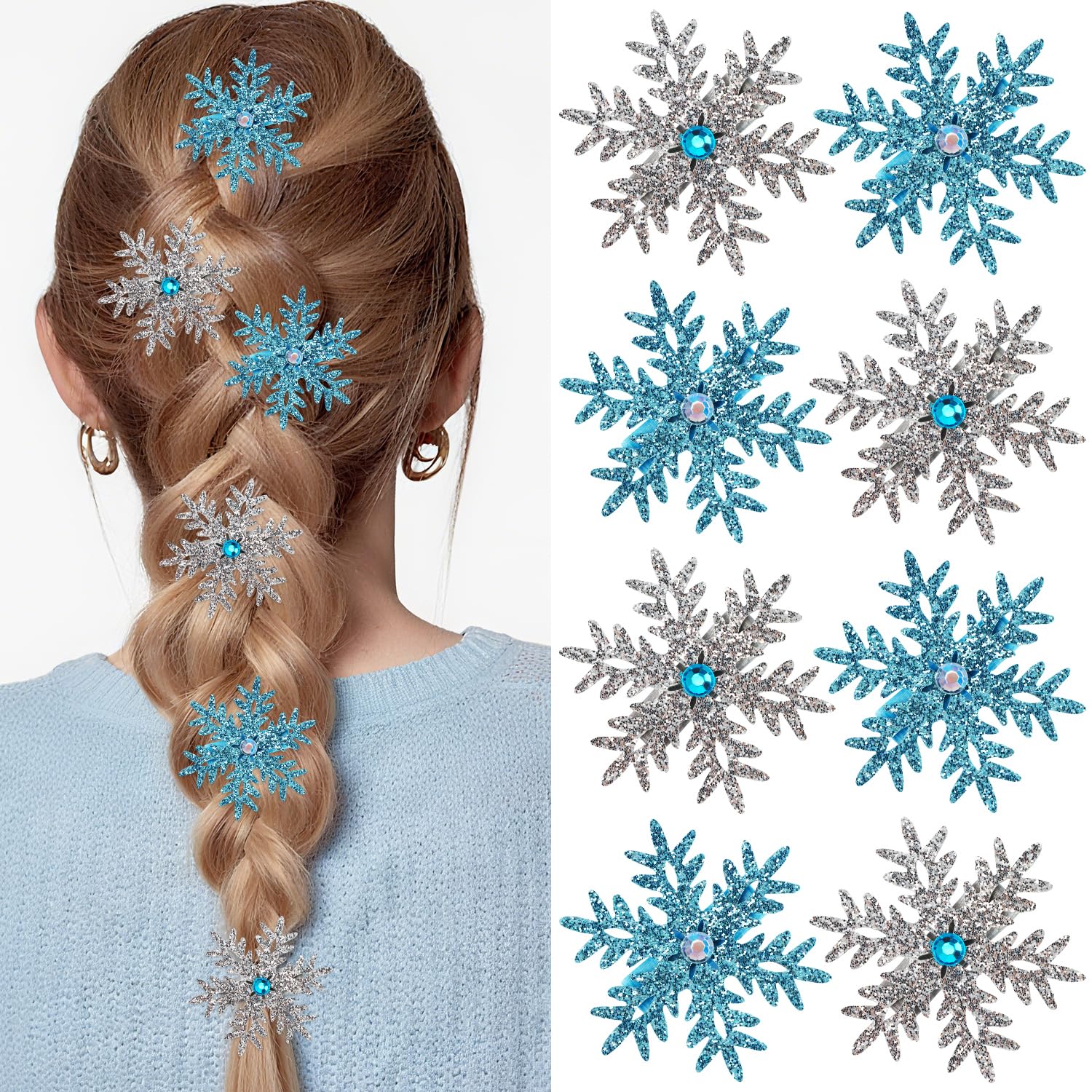 Atoden Sparkly Snowflake Hair Clips Barrettes 8Pcs Christmas Hair Accessories Decorative Hair Pins for Women Girls Princess Elsa