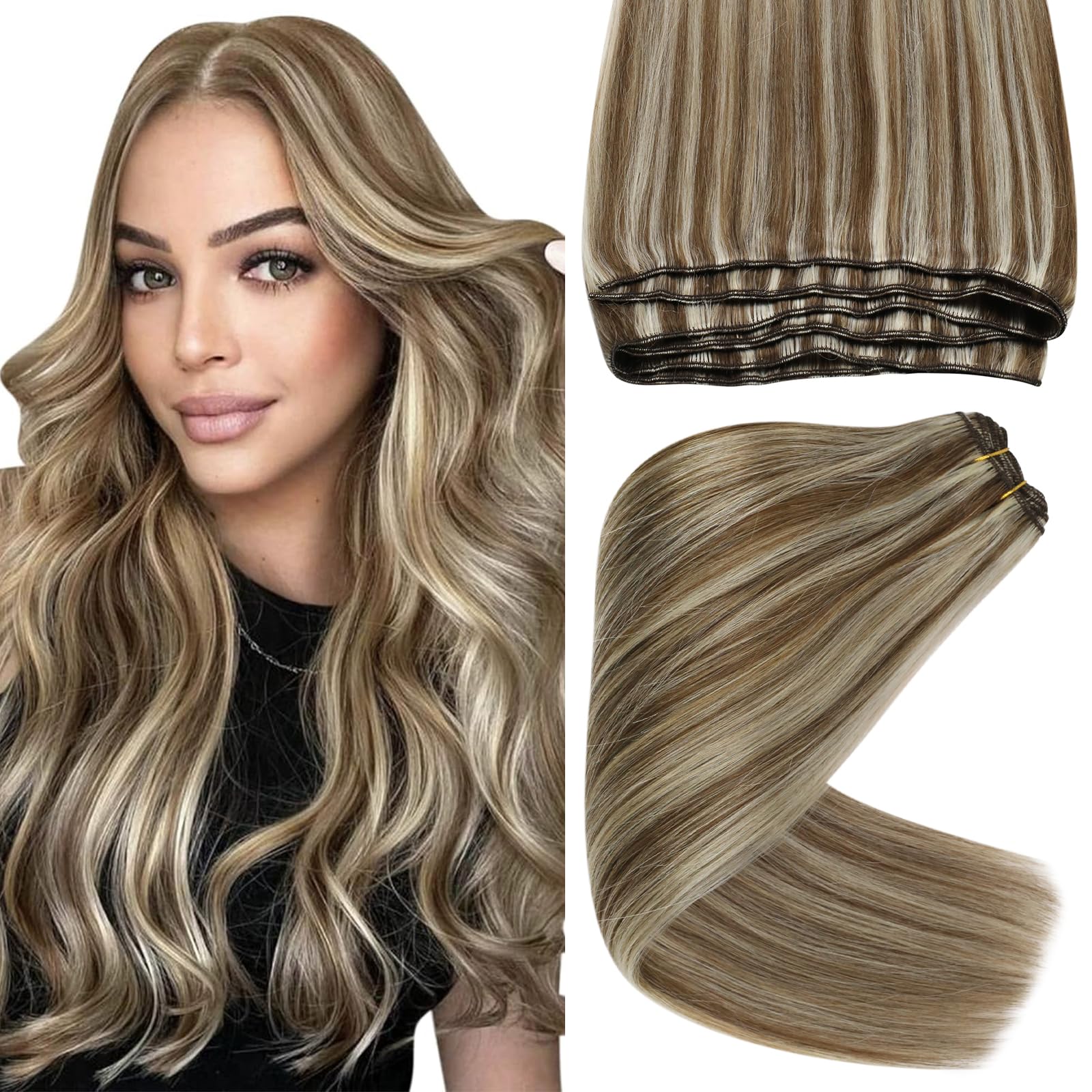 Sunny Sew in Hair Extensions 22inch Highlights Light Brown with Platinum Blonde Weft Hair Extensions Remy Hair Weft Highlight Ad