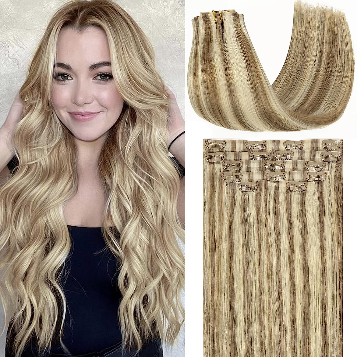 Loxxy Glam Seamless Clip in Hair Extensions Double Thin PU Weft 100% Remy Hair Extensions Clip in Human Hair 20Inch Piano Light 