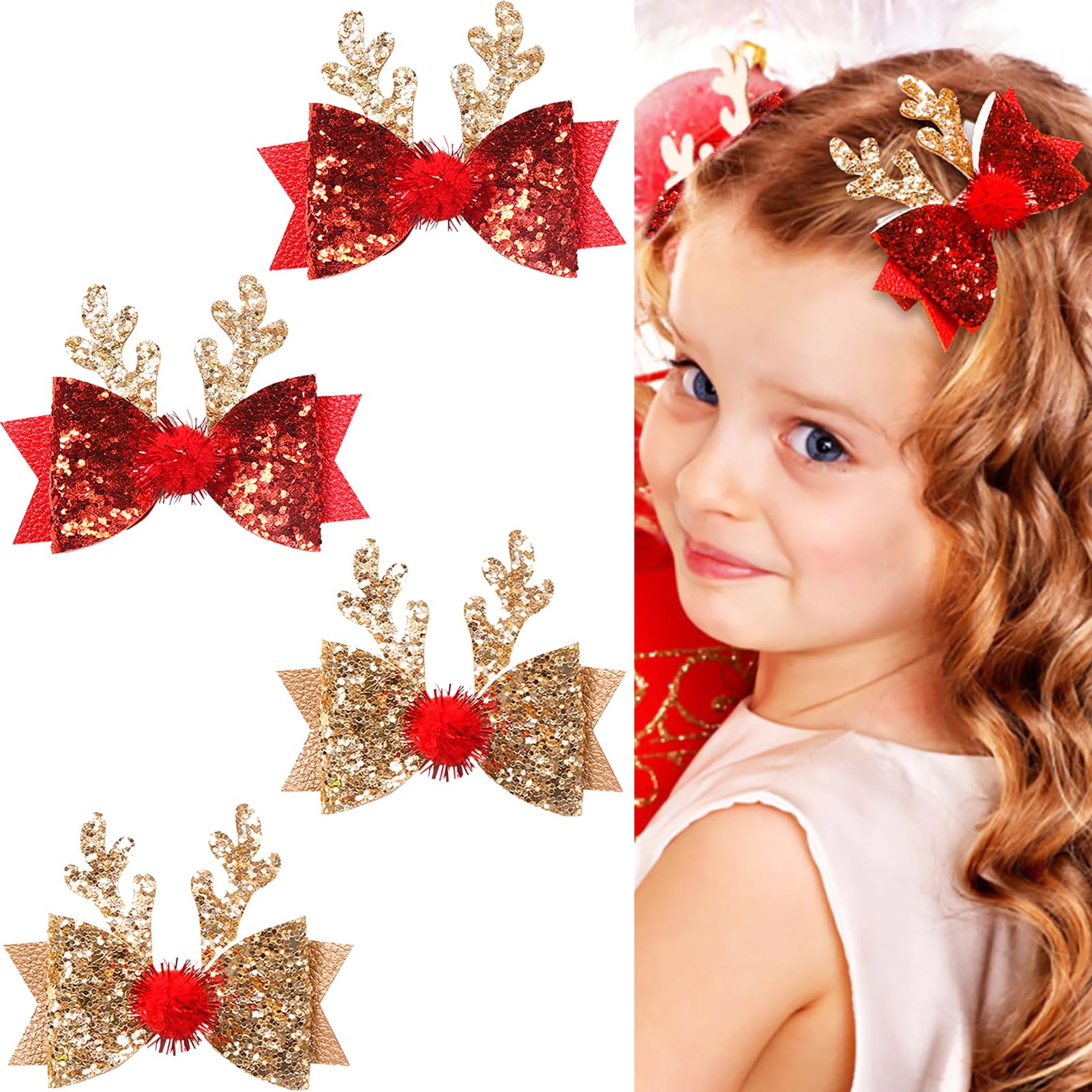 4 Pcs Christmas Hair Clips Xmas Bow Hair Accessories Cute Reindeer Antlers Ears Glitter Sequins Hair Barrettes Holiday Headdress