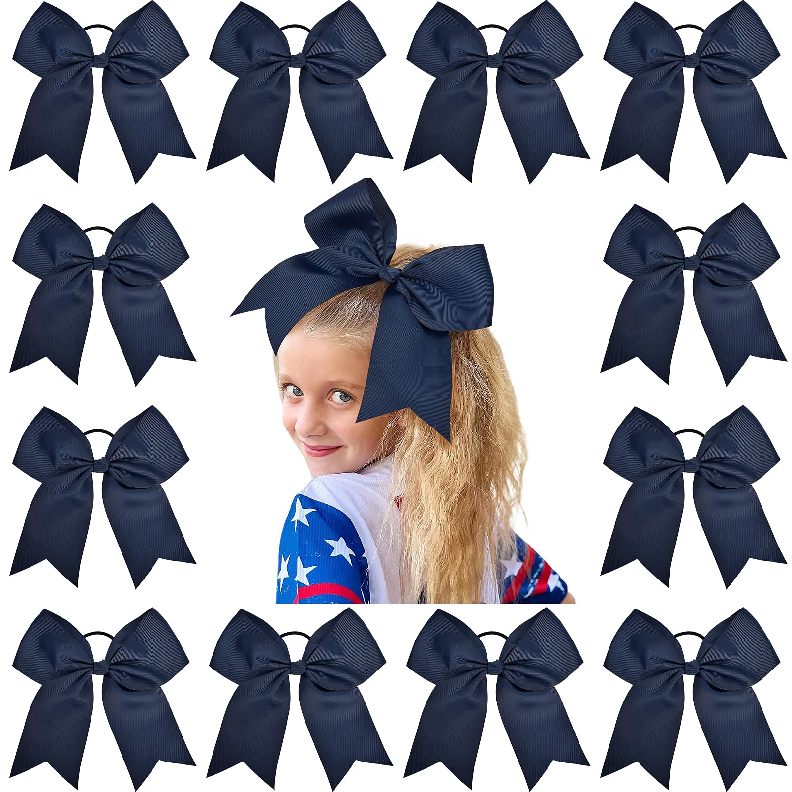 12 Pcs Large Cheer Bows 8'' Bulk Hair Bow Accessories with Ponytail Holder for Girls High School College Cheerleading