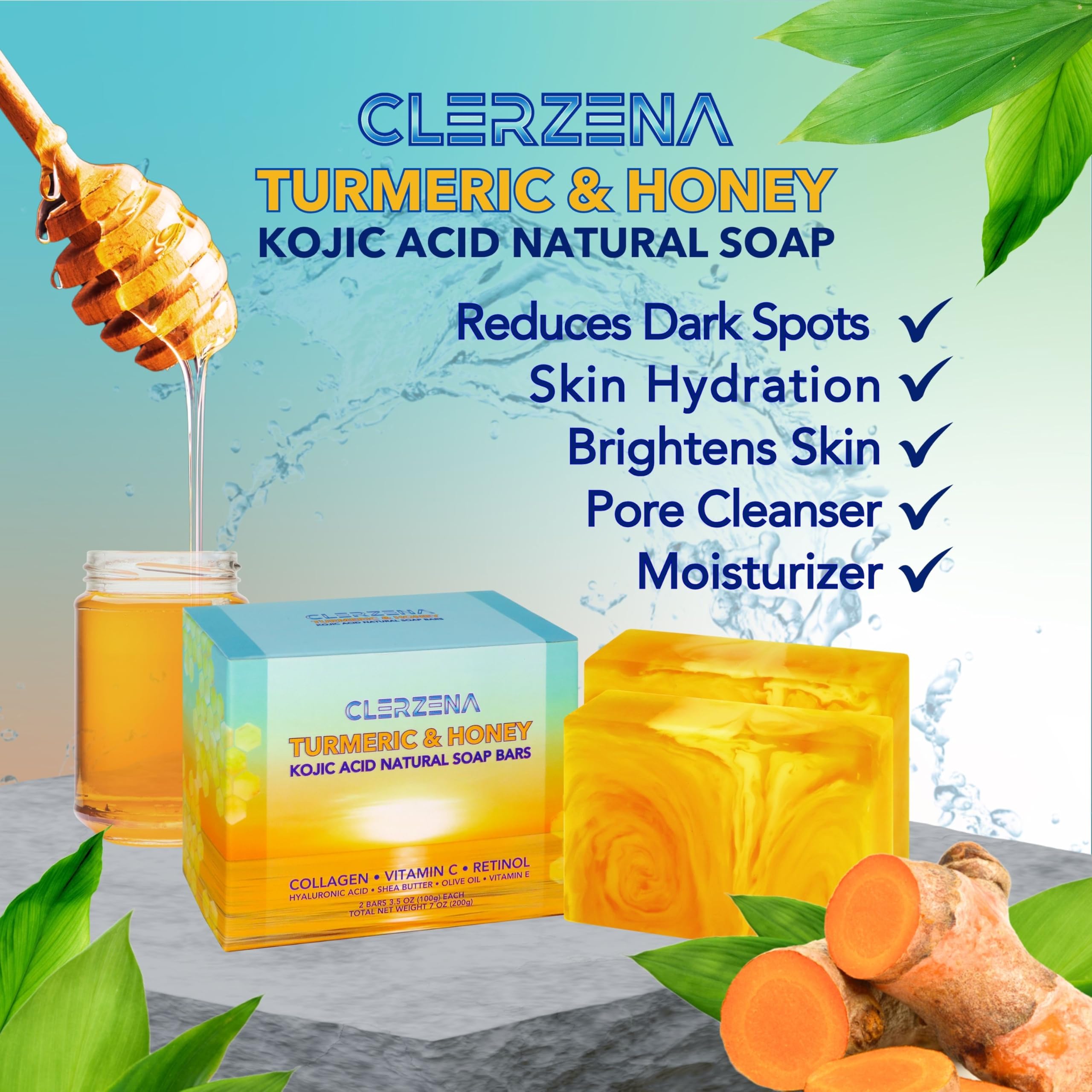 CLERZENA Honey Turmeric Kojic Acid Soap Bars for Dark Spots | Vitamin C & E, Retinol, Collagen Spot Treatment for Face Soap Bars
