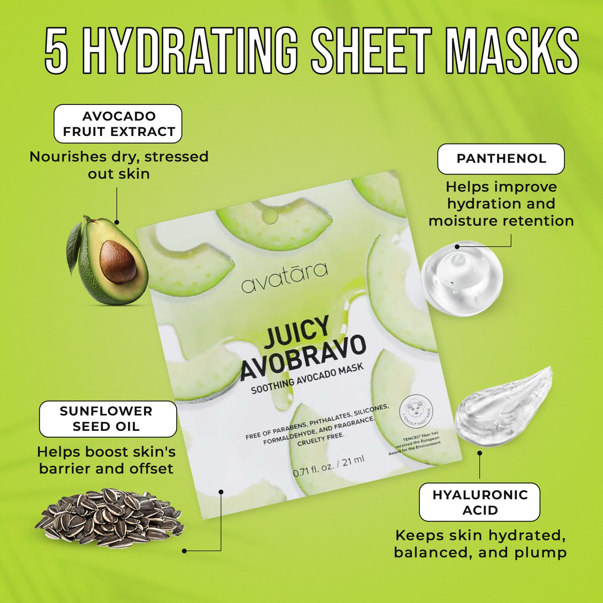 Avatara Juicy Avobravo Soothing Facial Mask 5 Sheets, Beauty And Skincare Sheet Masks, Avocado Extracts And Clean, Natural Ingre